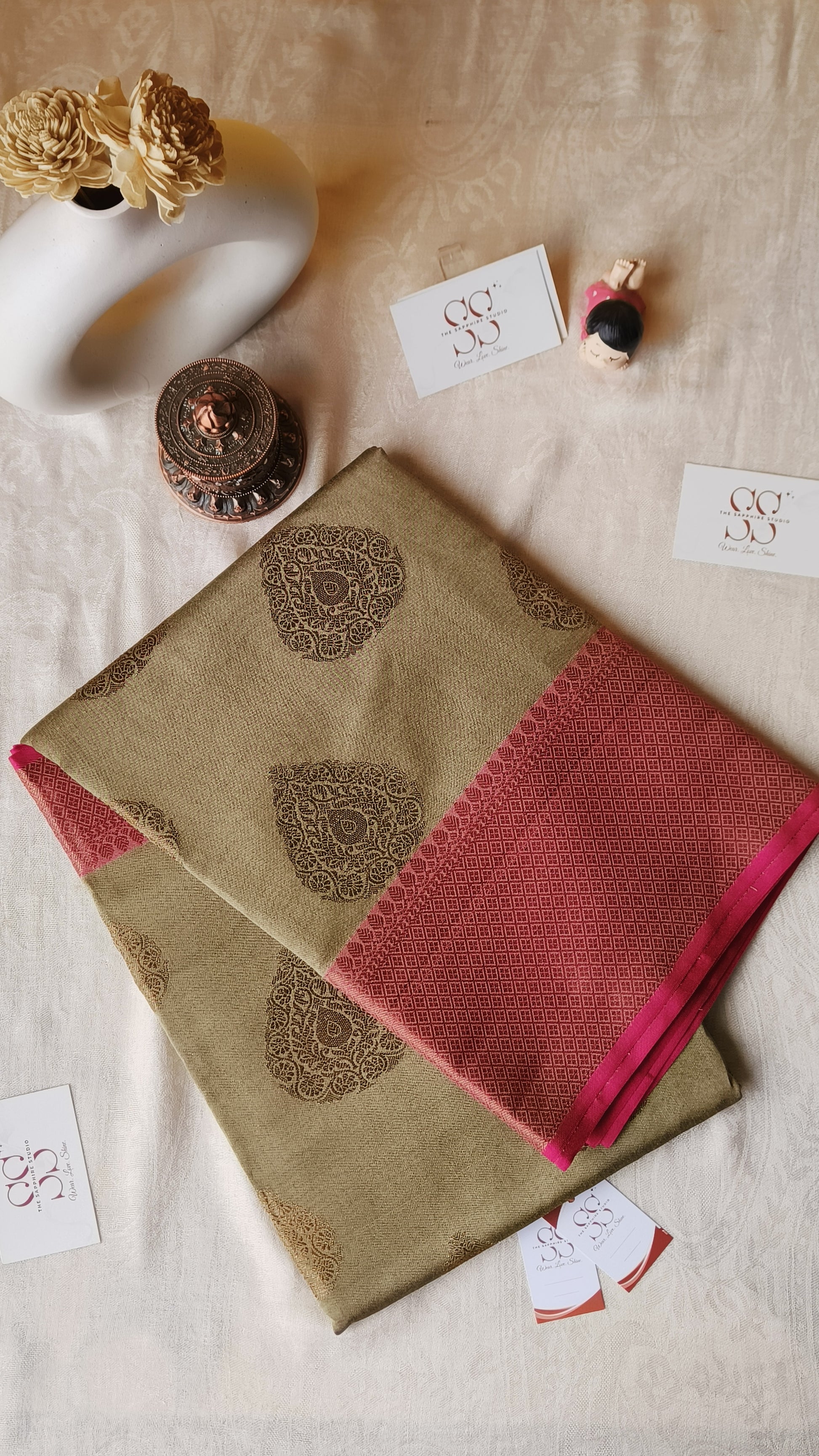 Cotton Silk Saree - Olive Green Cotton Silk Saree with Buta Work & Contrast Border