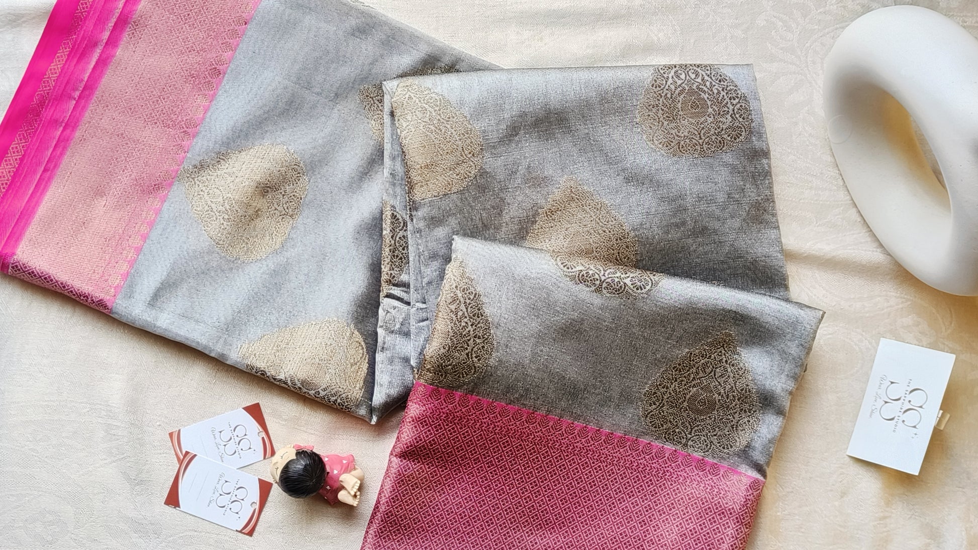 Steel Grey Cotton Silk Saree with Buta Work & Pink Contrast Border