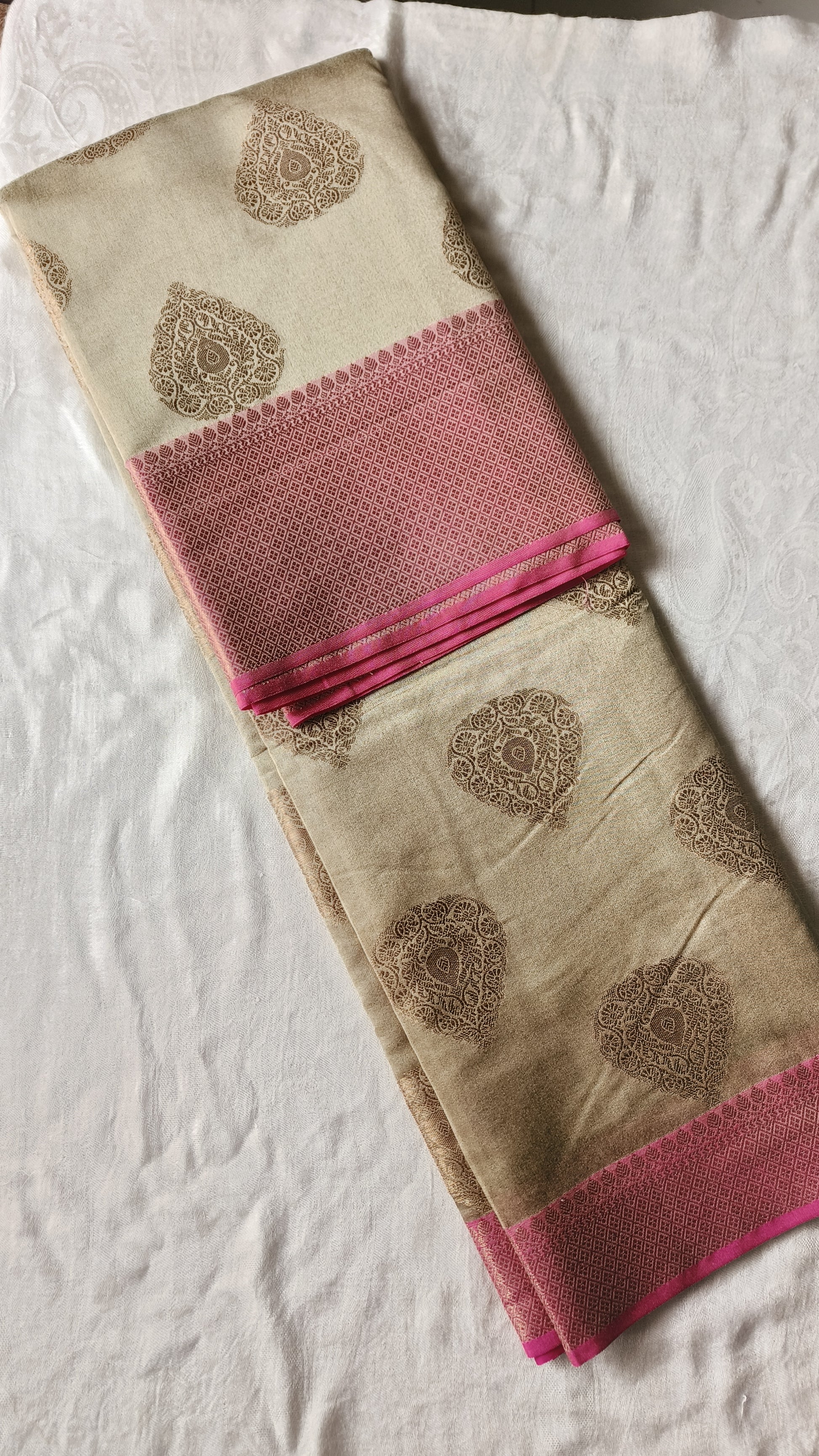 Cotton Silk Saree - Olive Green Cotton Silk Saree with Buta Work & Contrast Border