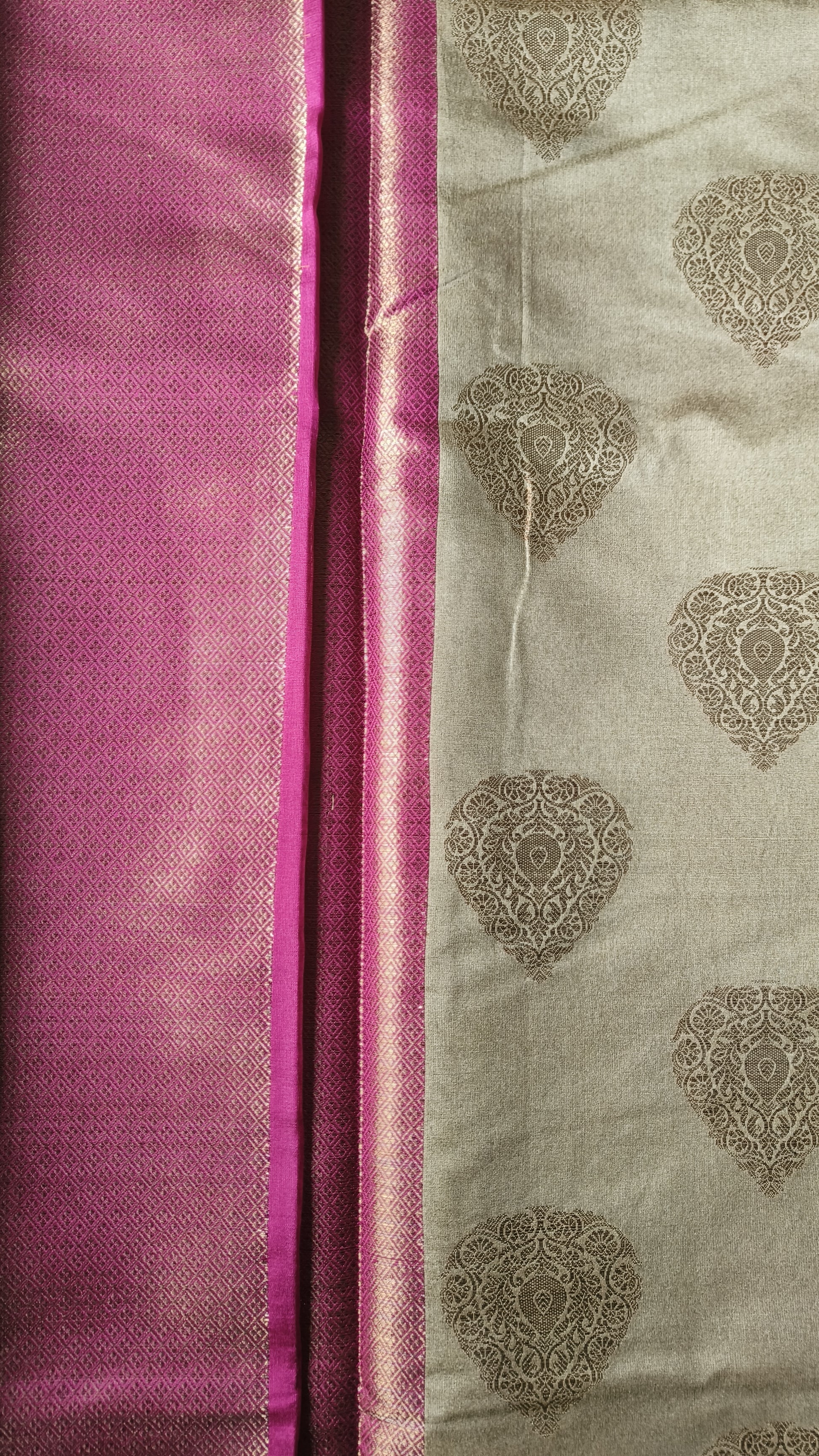 Cotton Silk Saree - Olive Green Cotton Silk Saree with Buta Work & Contrast Border