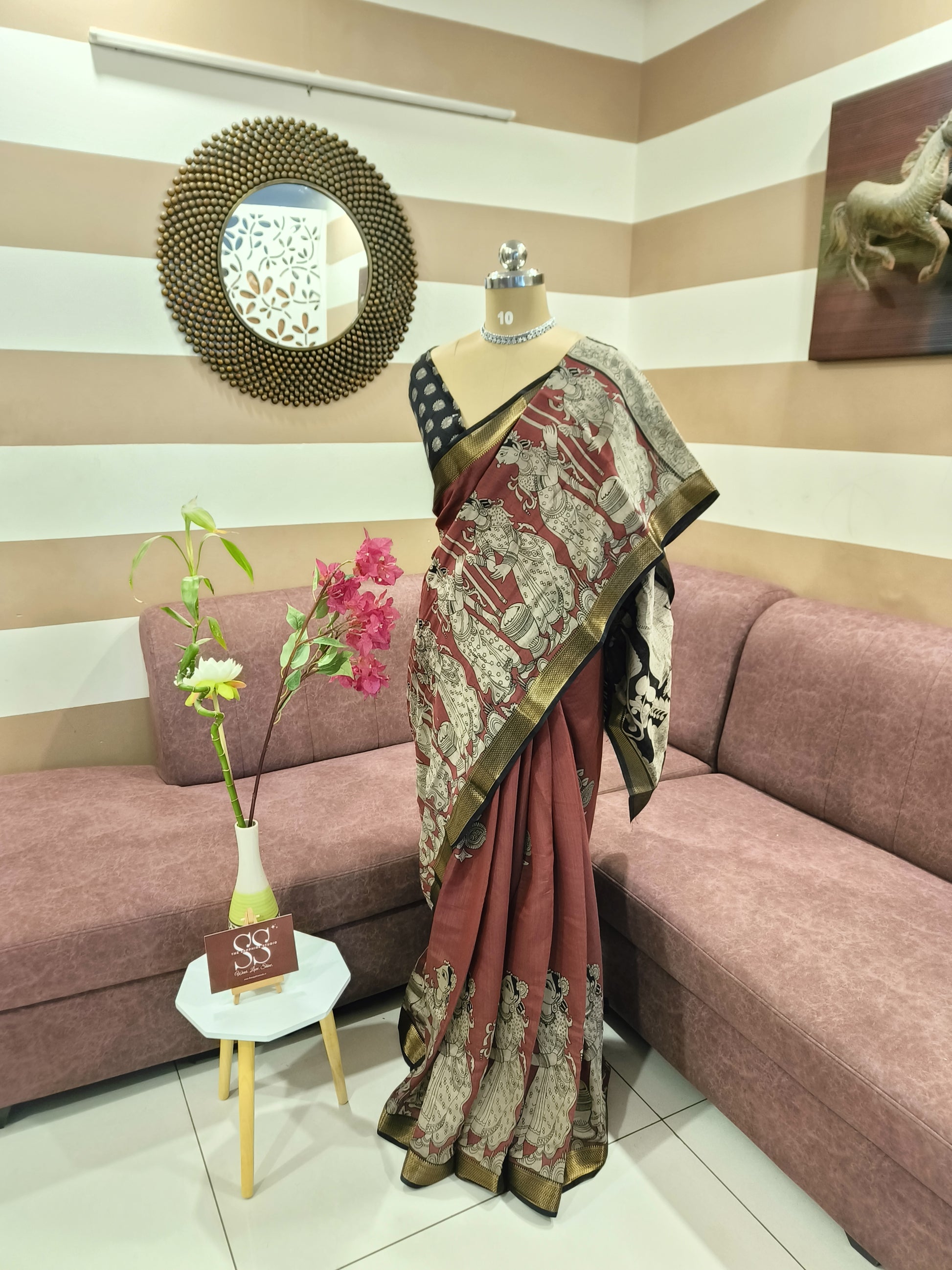 Brick-Red Kalamkari Mashru silk saree