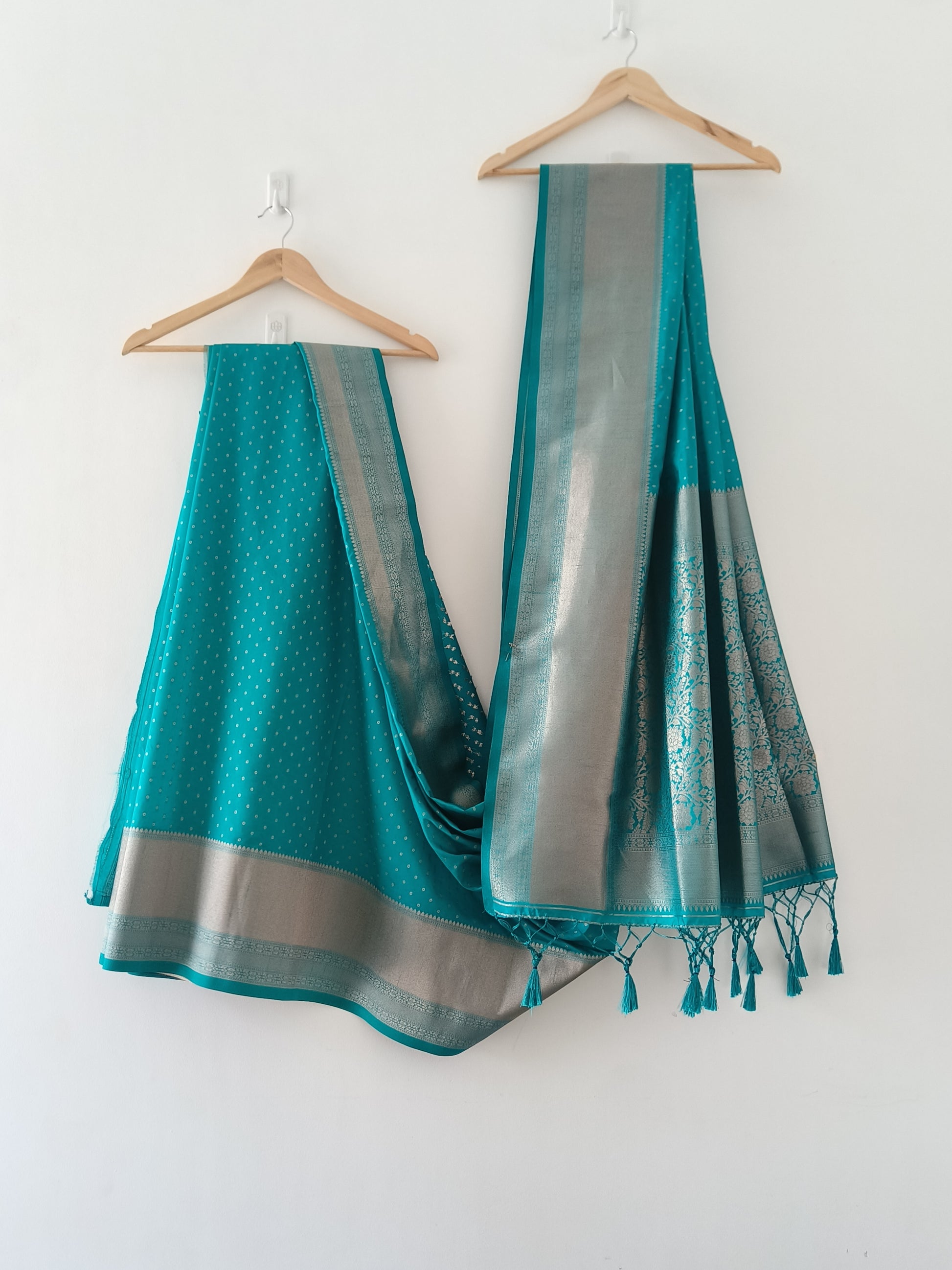 Kanchipuram Fancy Saree – Teal Blue – Silver Zari Work