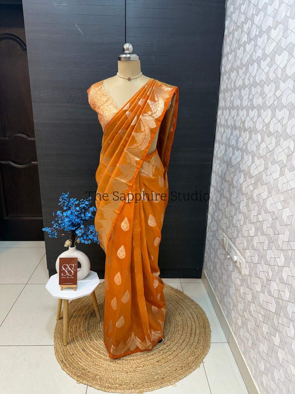 orange Banarasi tissue silk saree with zari woven pallu and blouse, lightweight festive saree for weddings, pujas and cultural celebrations