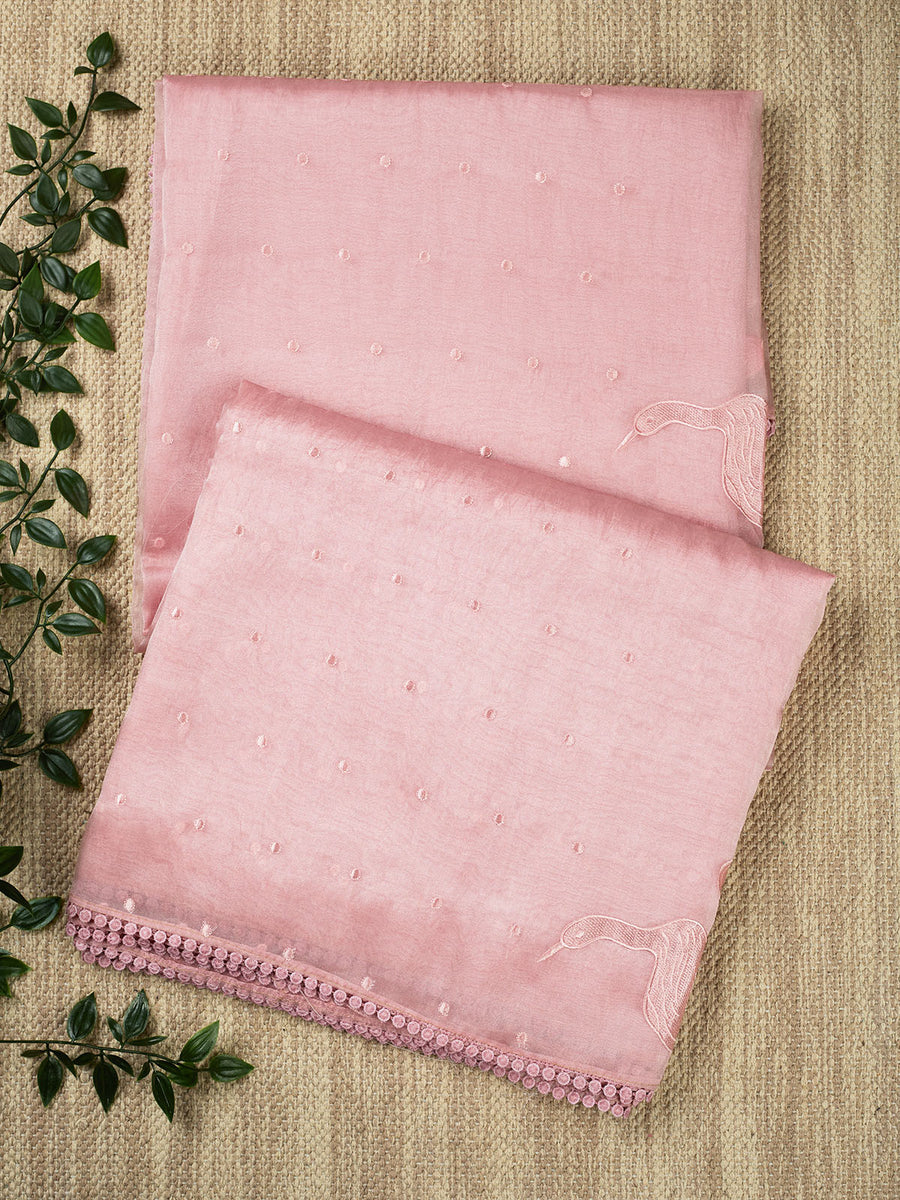 Blush Pink Flamingo Bloom – Appliqué Organza Saree