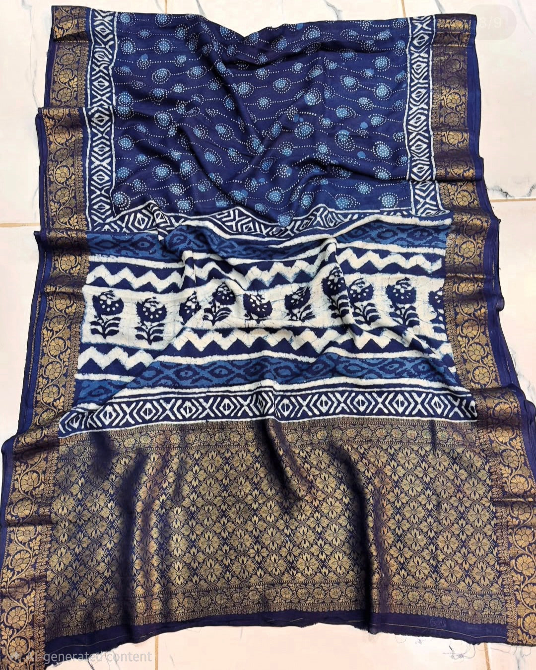 Indigo Dola Silk Saree with Geometric Dabbu Design