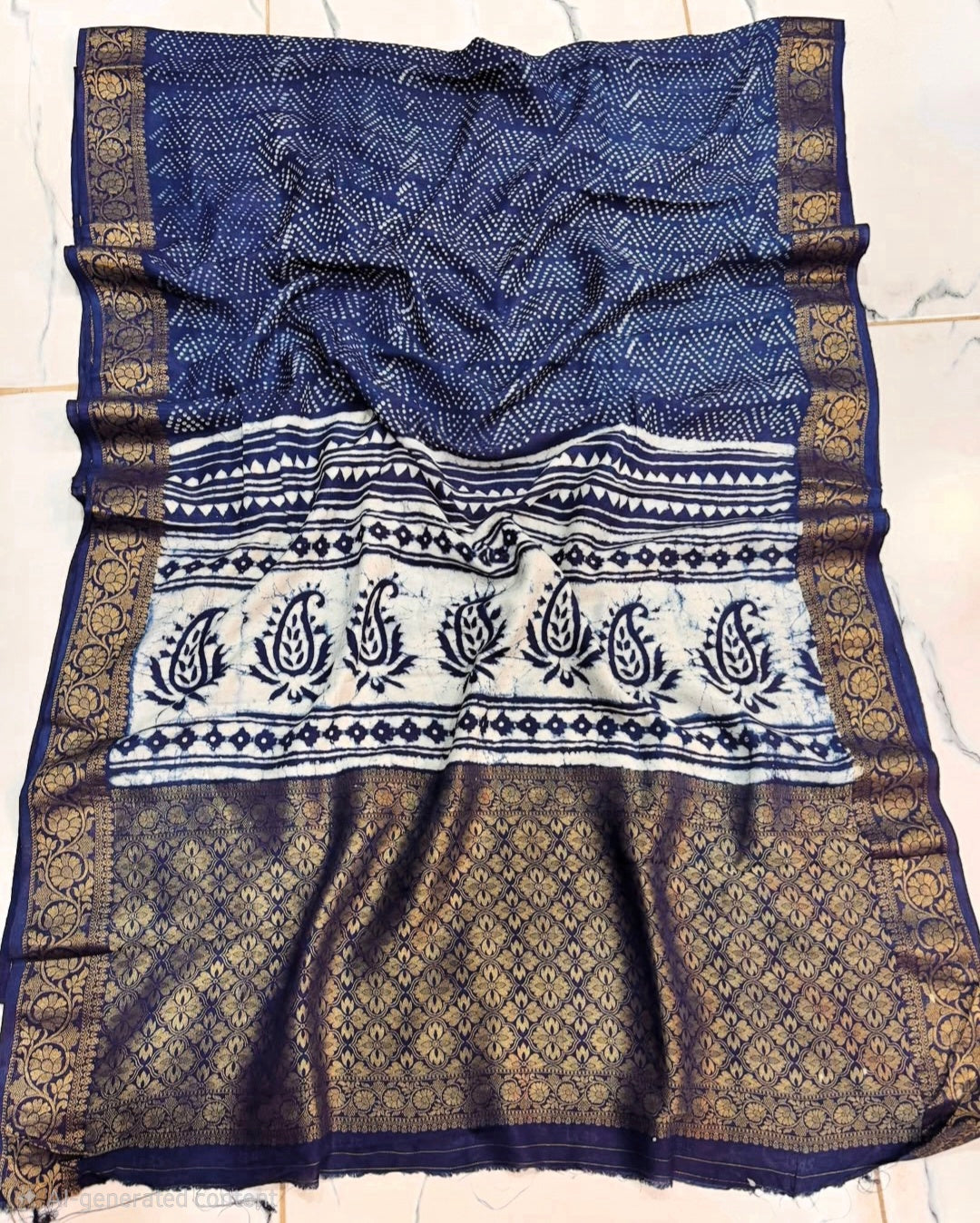 Indigo Dola Silk Saree with Line Block Pattern