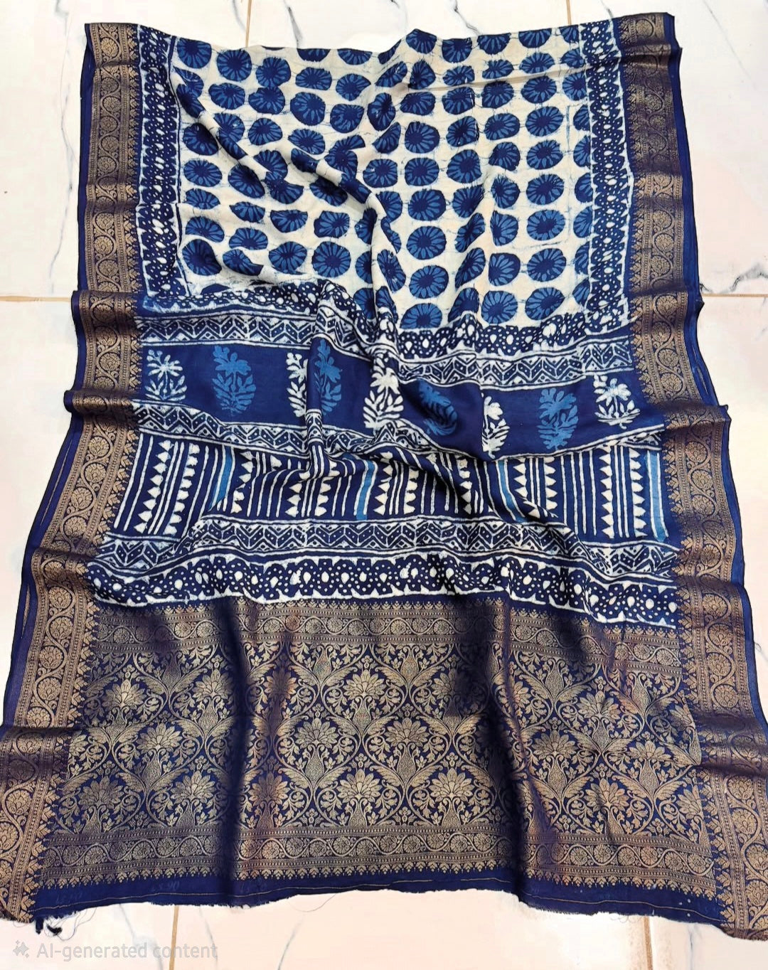 Indigo Dola Silk Saree with Round Floral Dabbu Print