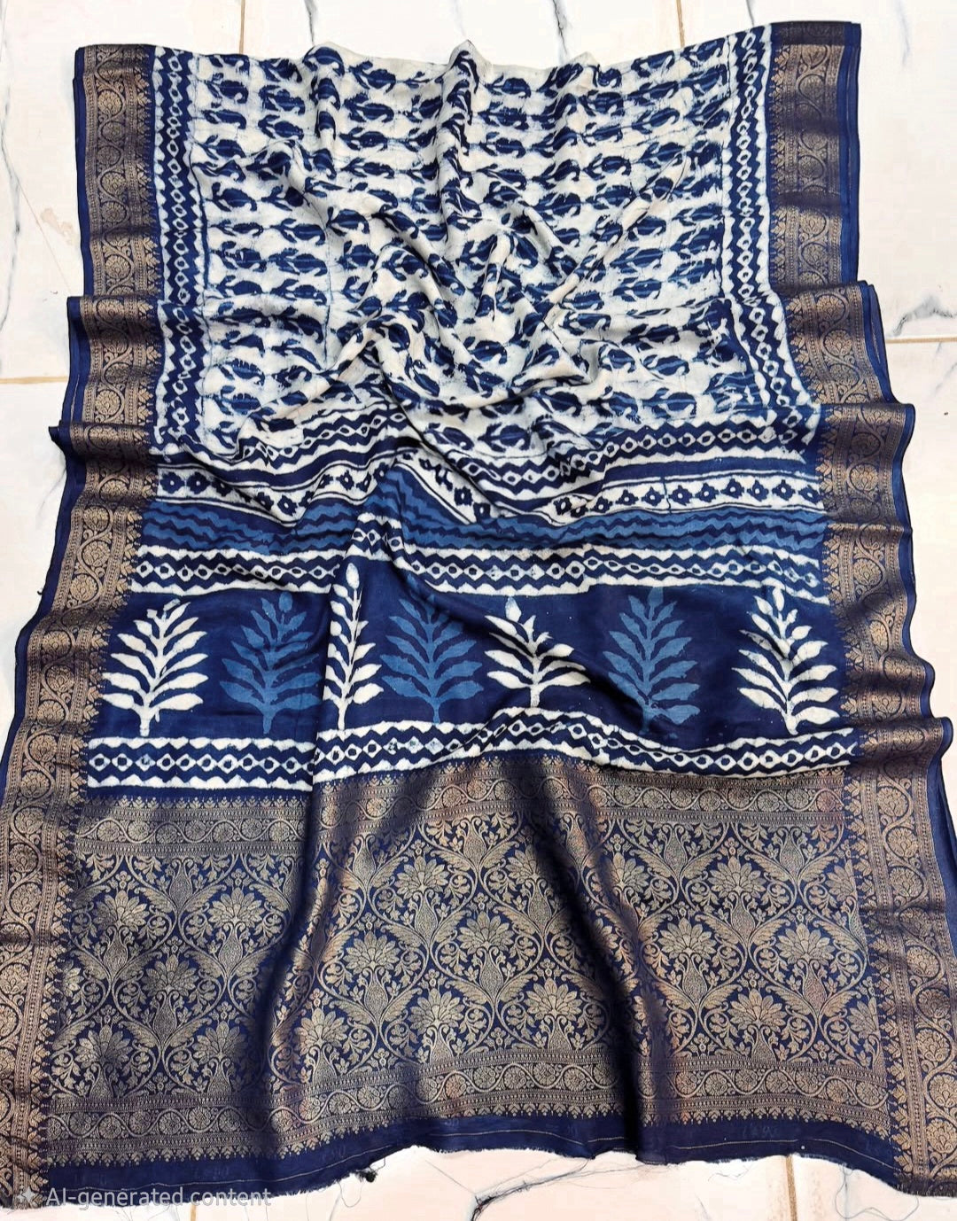 Indigo Dola Silk Saree with Leaf Motif Dabbu Print