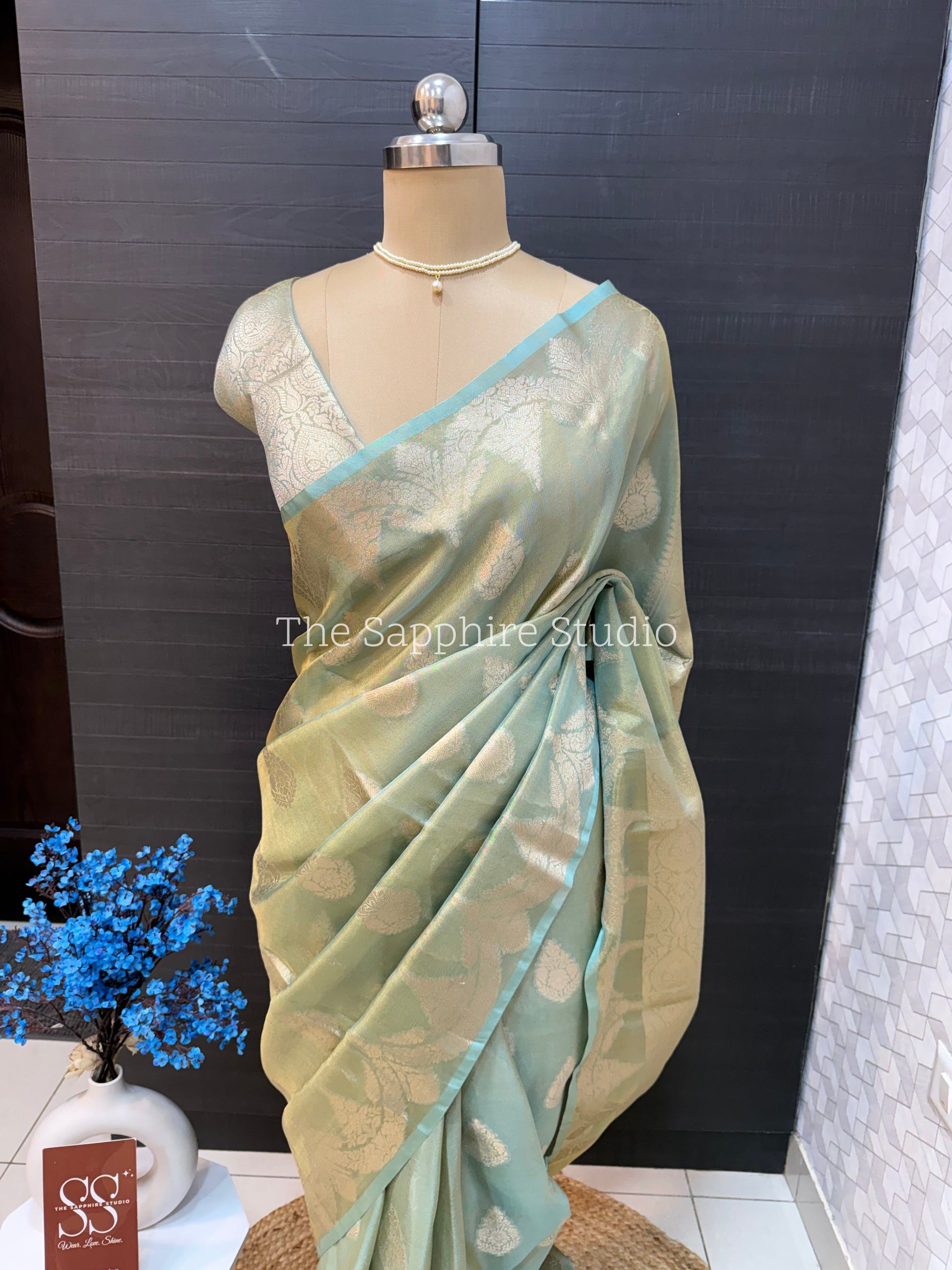 sea green Banarasi tissue silk saree with zari woven pallu and blouse, lightweight festive saree for weddings, pujas and cultural celebrations