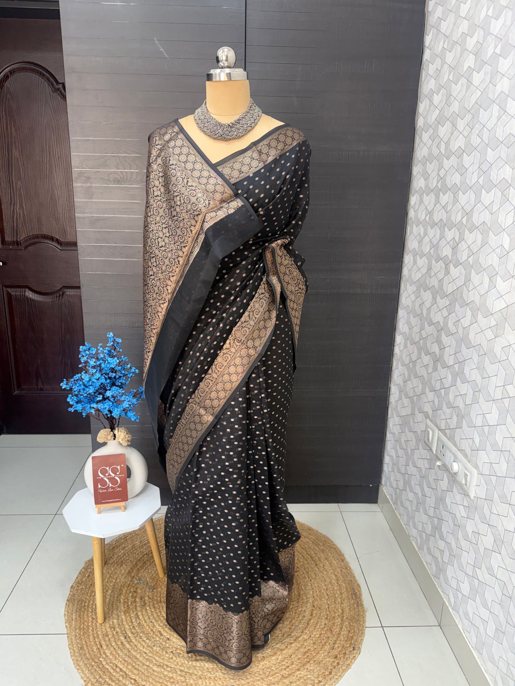 black Katan silk saree with gold butta work, Banarasi style saree for festive and evening wear, elegant black saree for women party wear