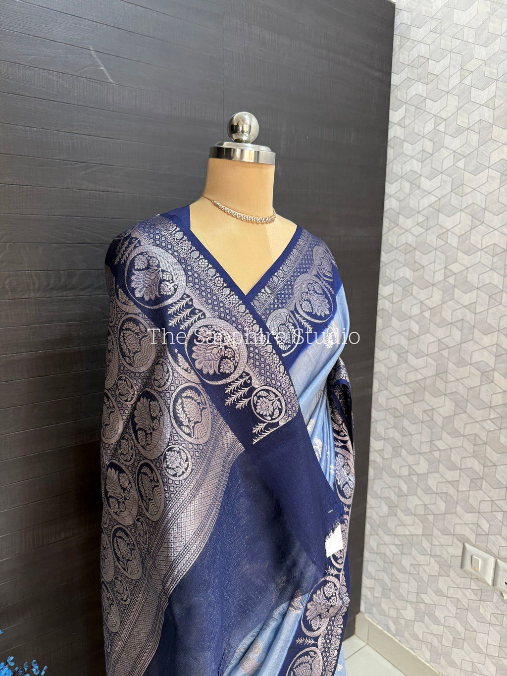 blue Banarasi georgette saree with navy contrast border and zari buttas, lightweight festive saree for weddings, pujas and party wear