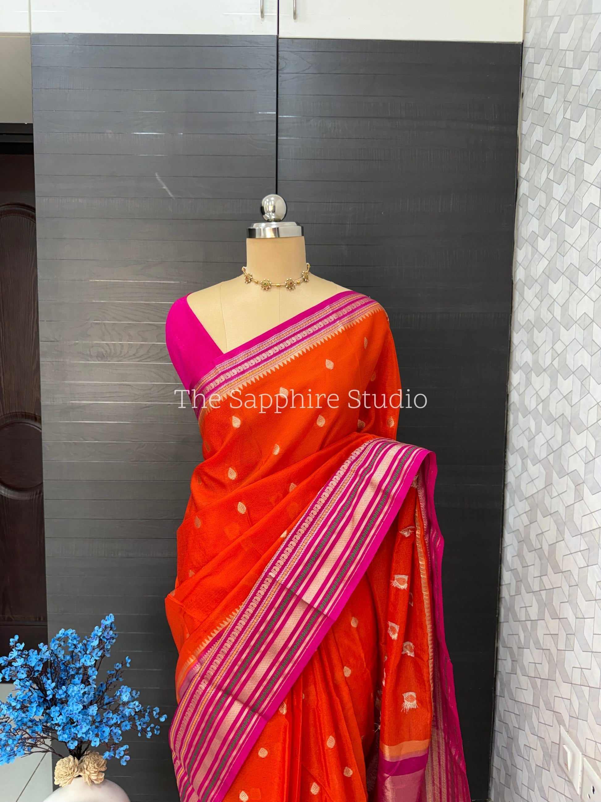 bright orange silk saree with pink contrast border and gold zari, Banarasi Chiniya saree for haldi and festive wear, elegant wedding saree India