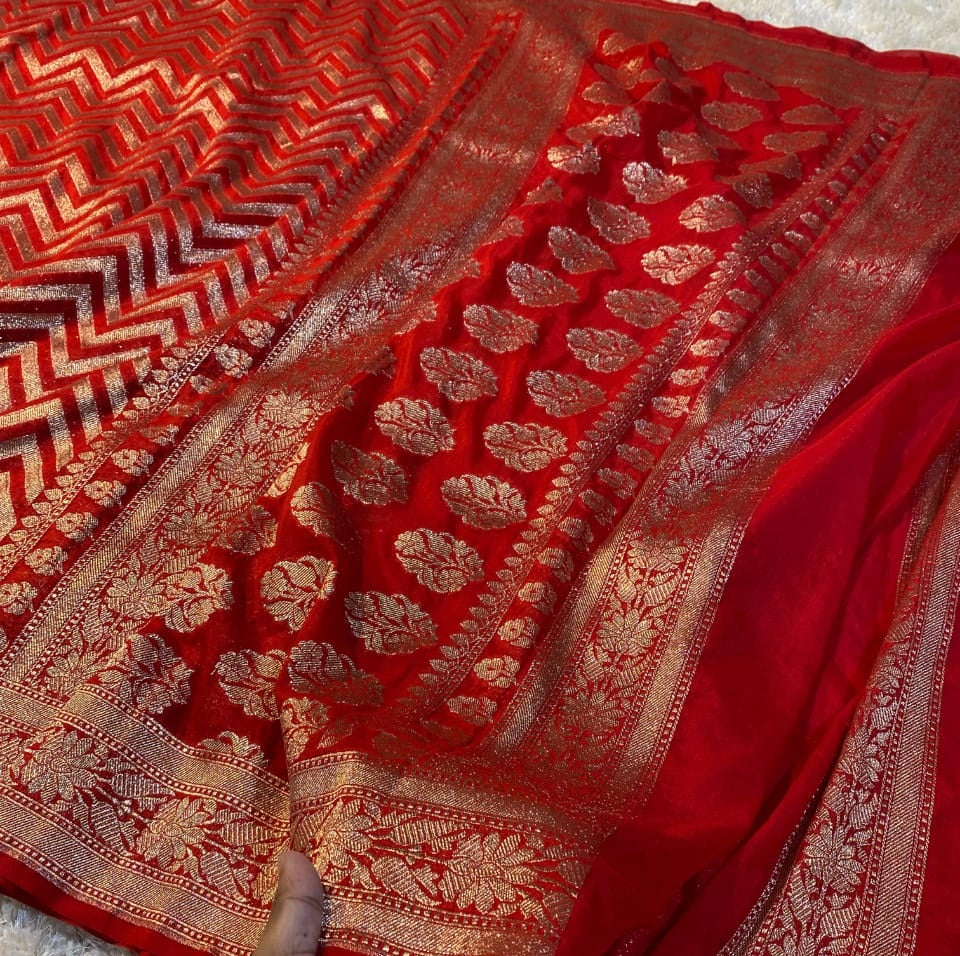 bright red Banarasi saree with zig-zag zari weave and floral border, elegant wedding saree for brides and festive occasions
