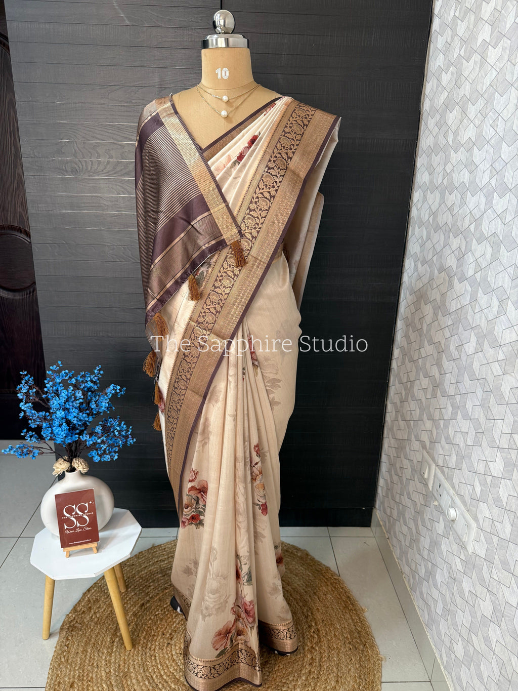 buttery silk saree with floral digital print and zari border, designer saree for daytime functions and festive wear, soft lightweight saree India
