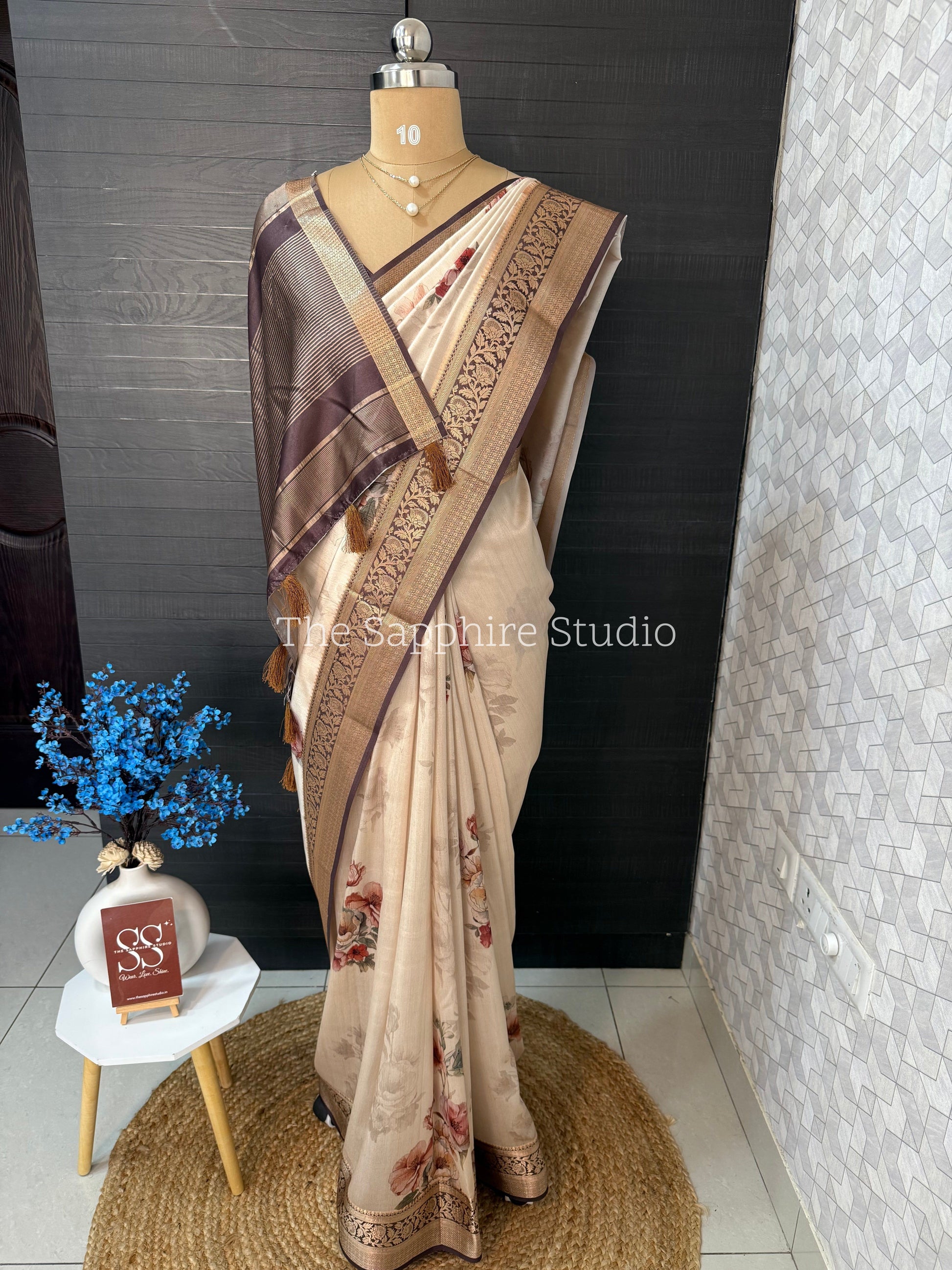 buttery silk saree with floral digital print and zari border, designer saree for daytime functions and festive wear, soft lightweight saree India