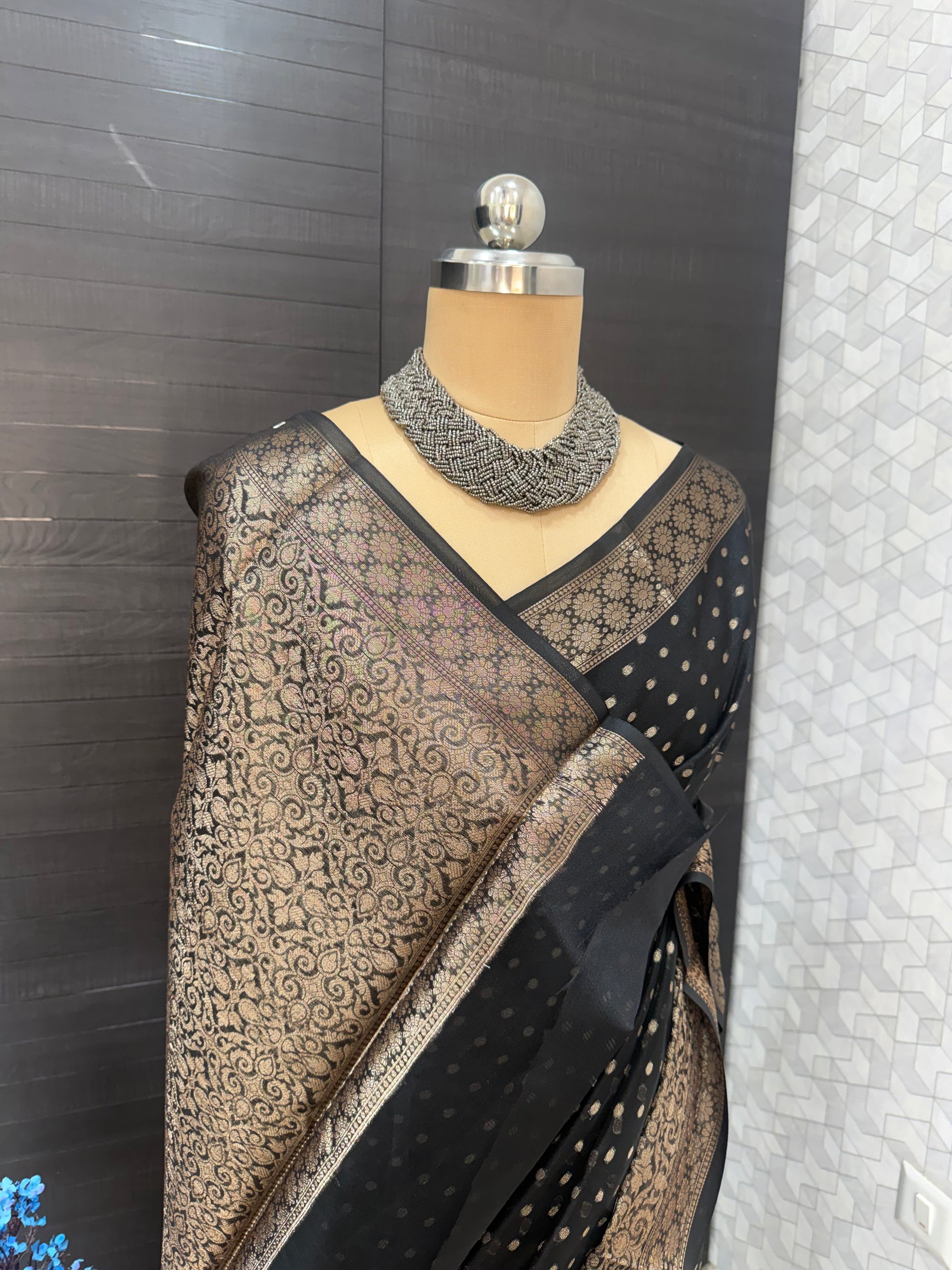 deep black silk saree with gold woven buttas and border, elegant Banarasi inspired saree for weddings, festive and evening occasions India