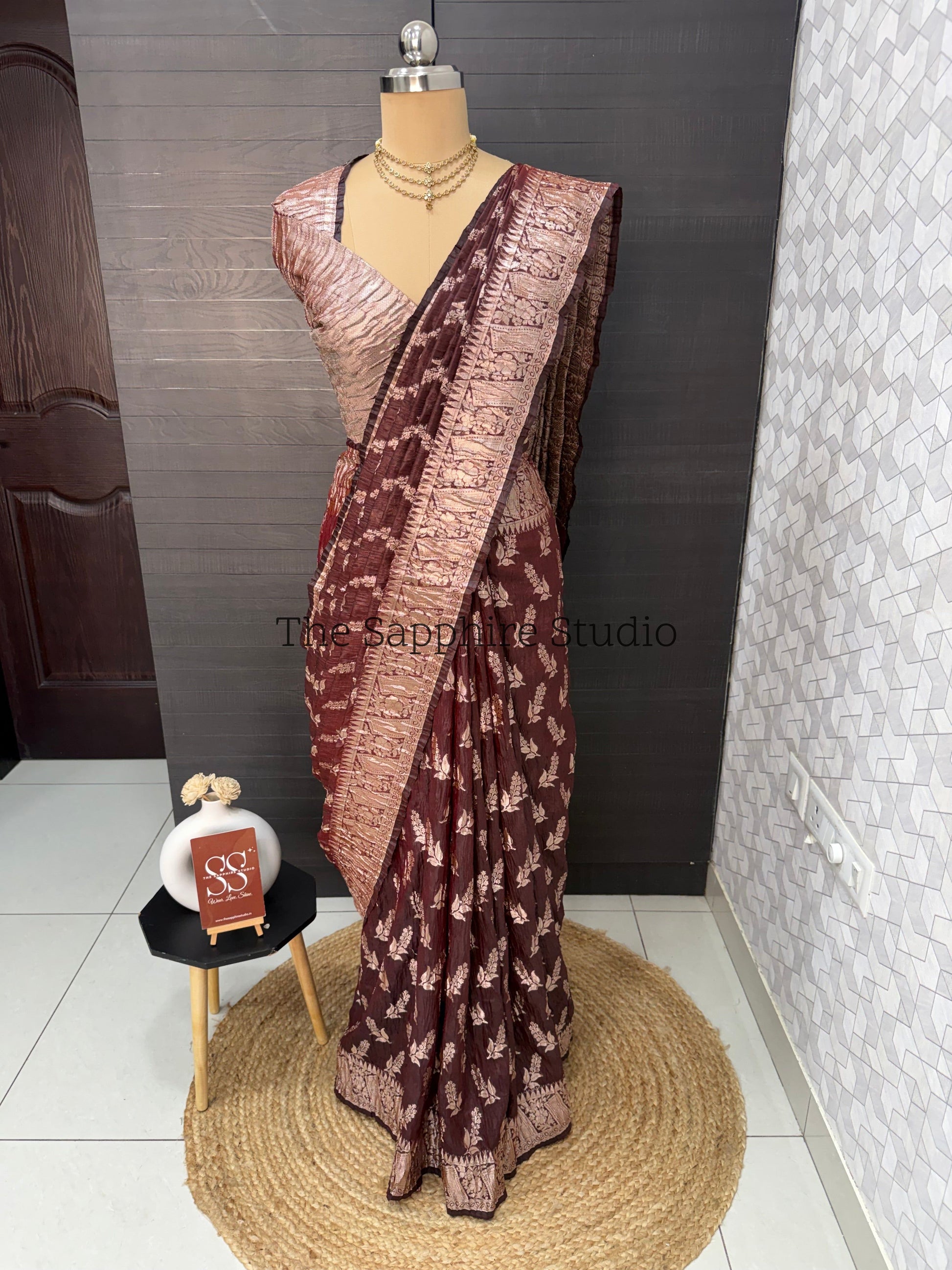deep maroon crushed silk saree with Banarasi weaving and zari border, festive saree for wedding functions and evening party wear India