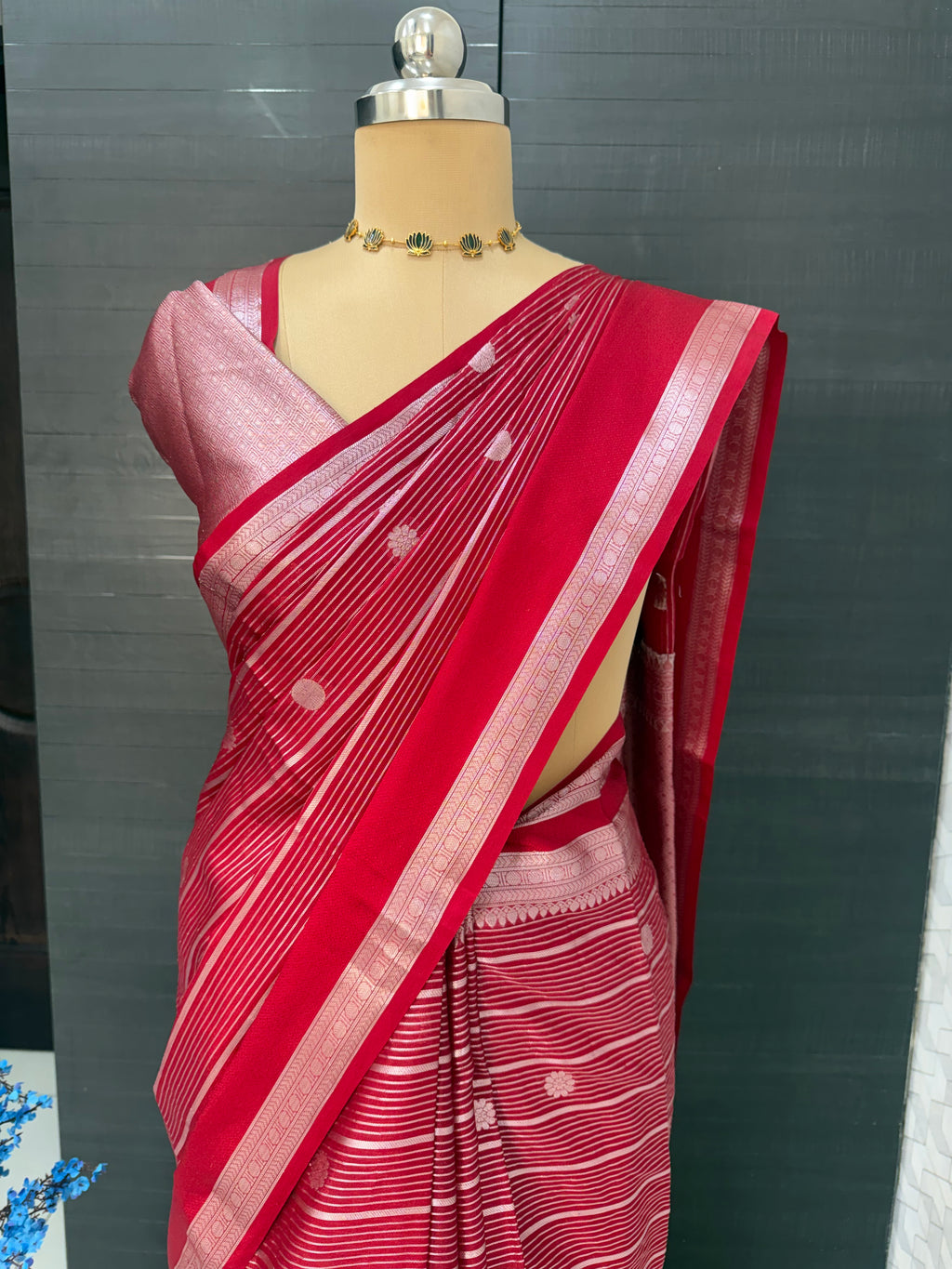 deep red Banarasi silk saree with all-over zari buti weaving and border, elegant bridal festive saree for weddings and pujas