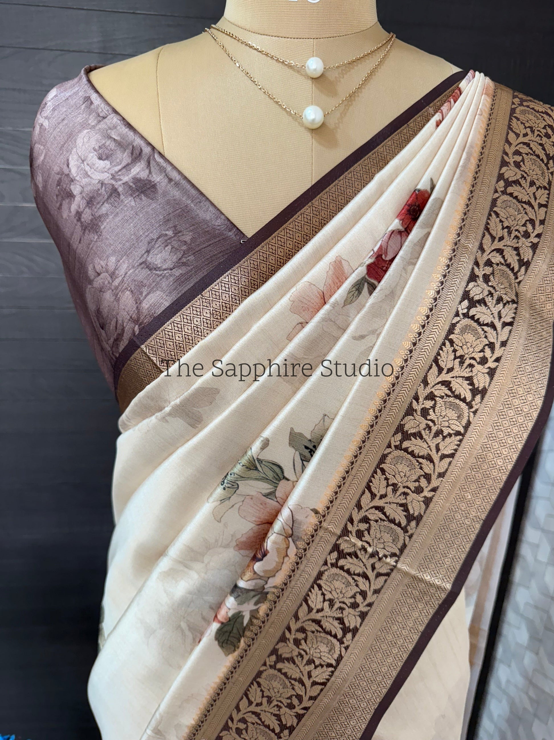 floral silk saree with digital print and zari border, lightweight festive saree for women, elegant printed saree for brunch and celebrations