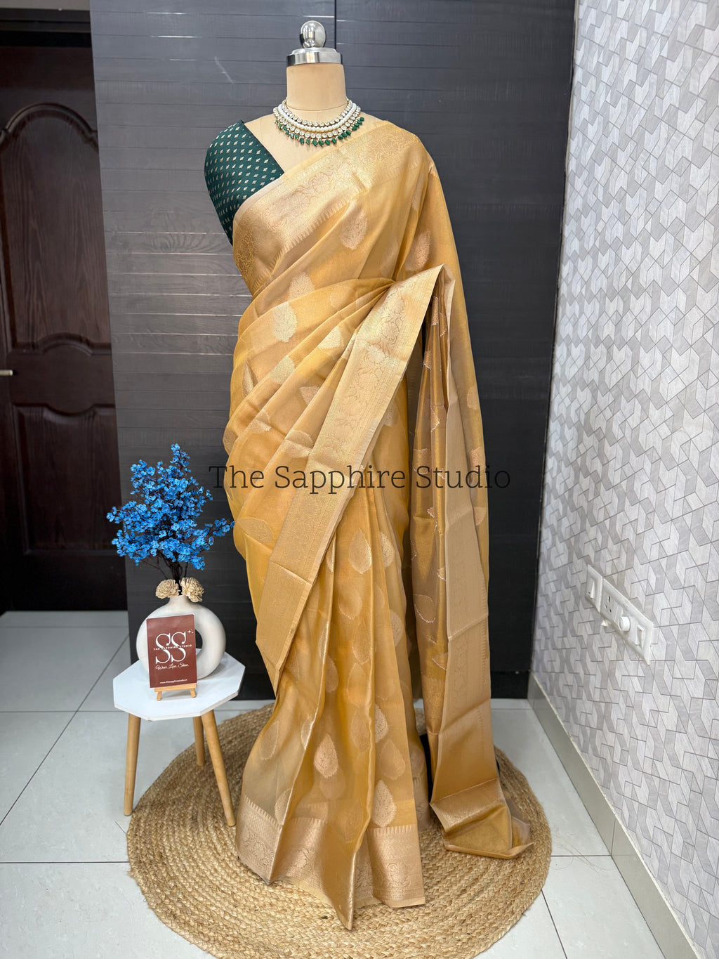 gold tissue silk saree with woven motifs, Onam and Vishu festive saree for women, Kerala traditional saree for temple and celebrations