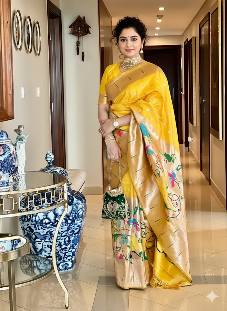 golden yellow Paithani saree with rich zari border, traditional silk saree with Meena pallu, Maharashtrian wedding saree for women festive wear