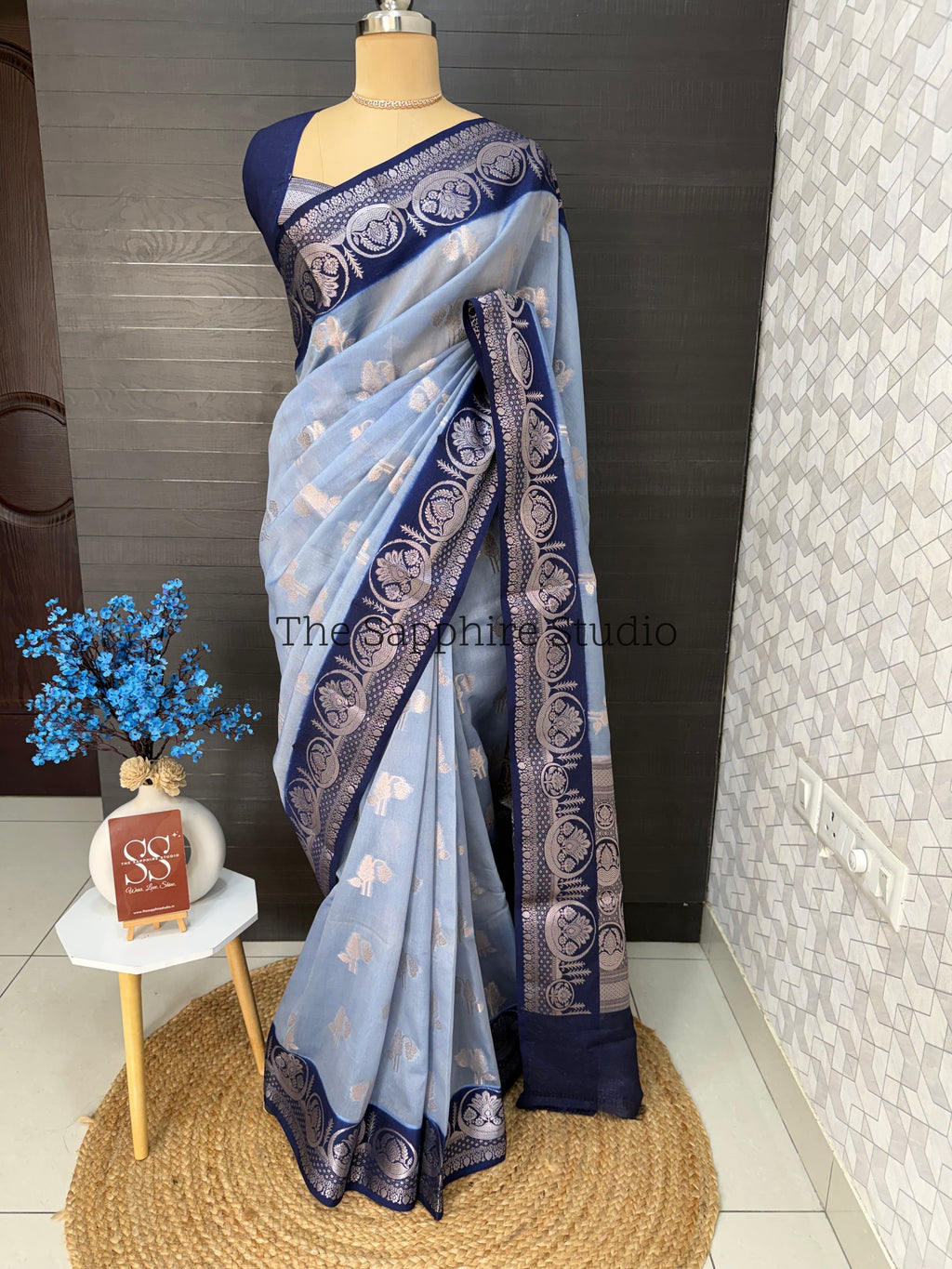light blue Banarasi georgette saree with navy border and silver zari, lightweight festive saree for women, elegant party wear saree India