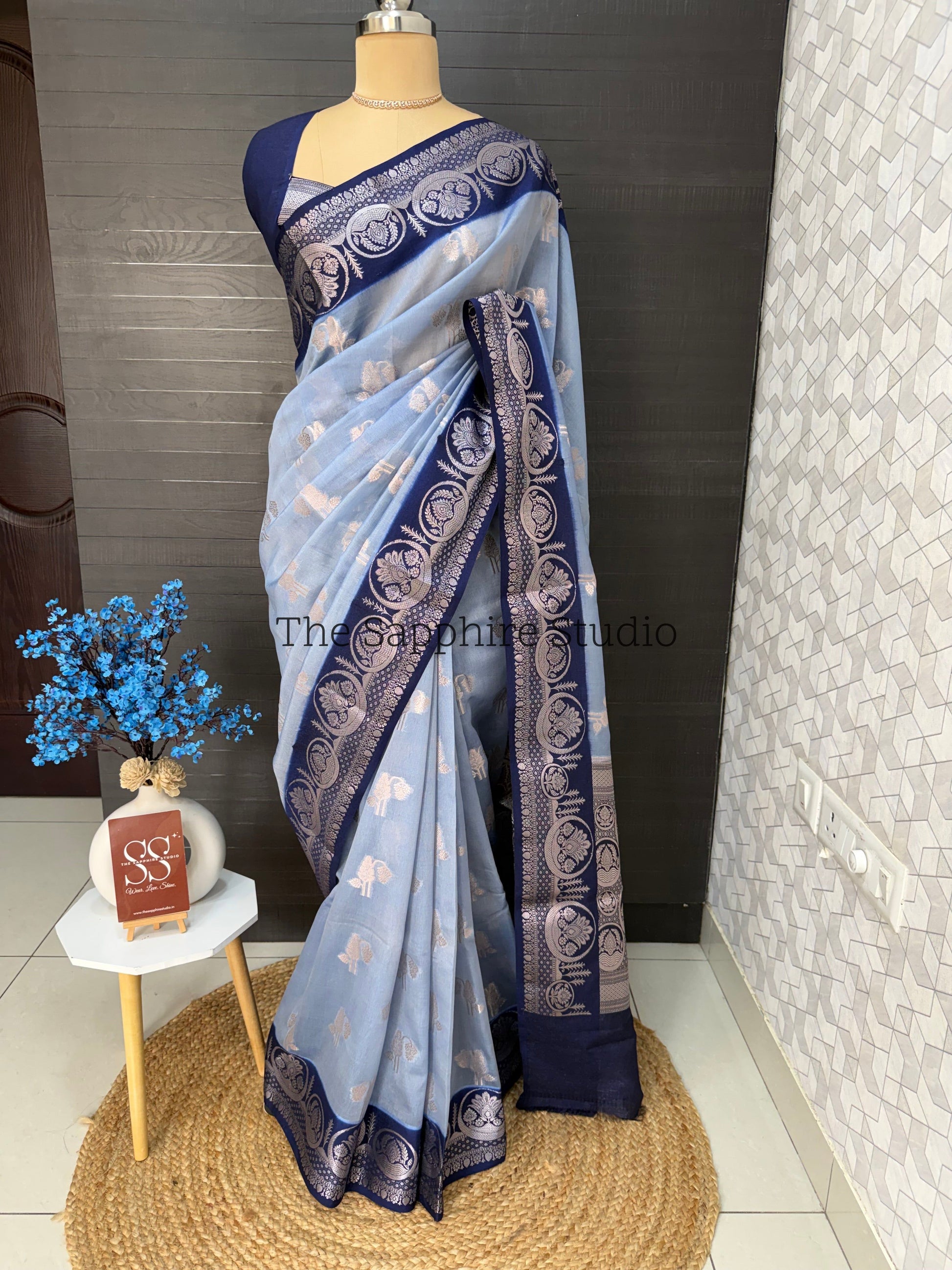 light blue Banarasi georgette saree with navy border and silver zari, lightweight festive saree for women, elegant party wear saree India