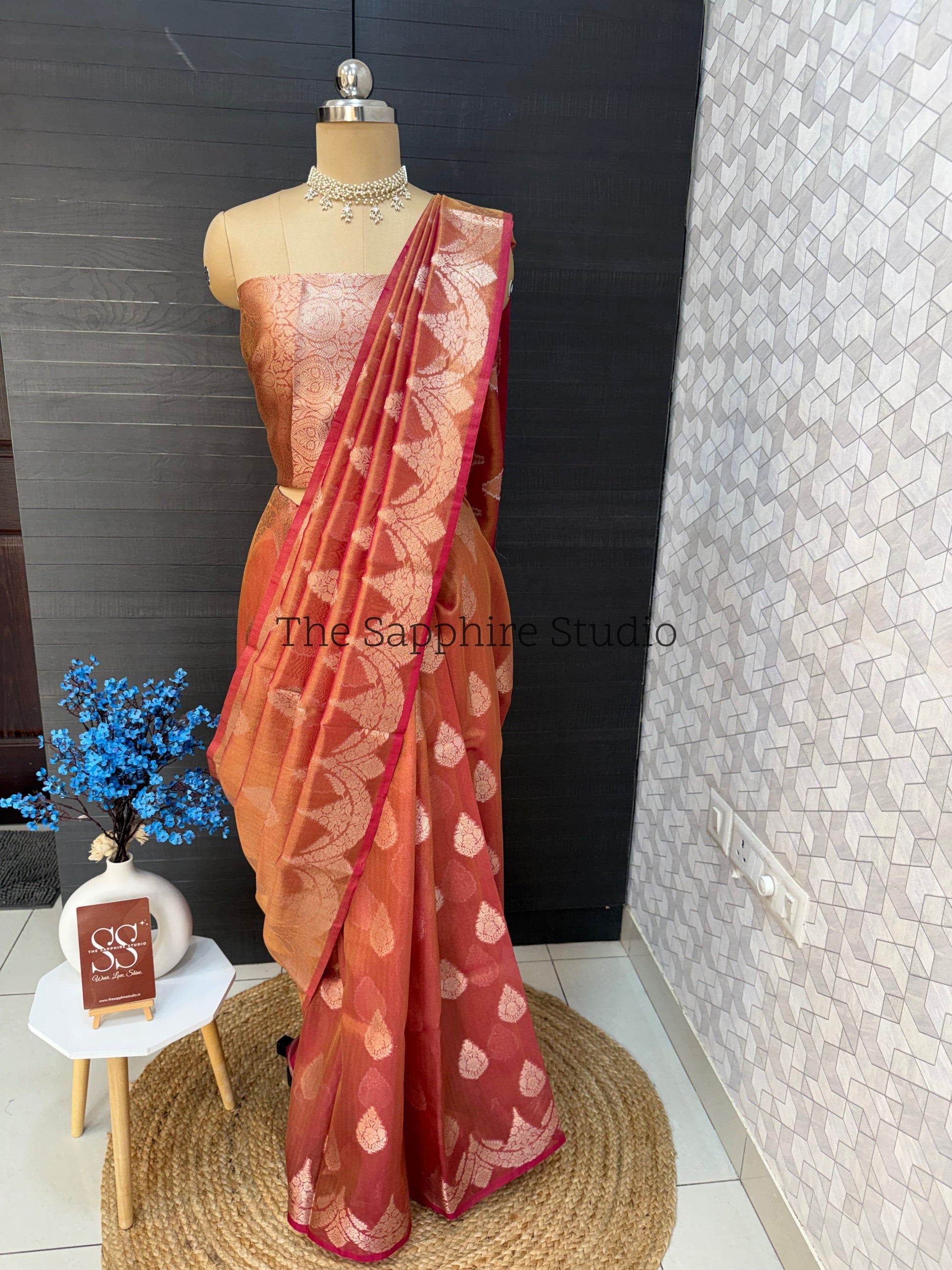 light pink Banarasi tissue silk saree with zari woven pallu and blouse, lightweight festive saree for weddings, pujas and cultural celebrations
