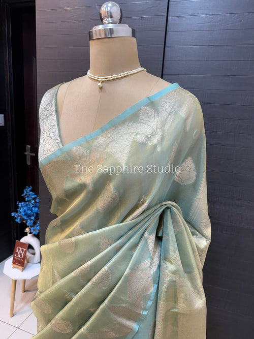light sea green tissue silk saree with golden zari border, Banarasi saree for haldi and festive occasions, elegant lightweight wedding saree India