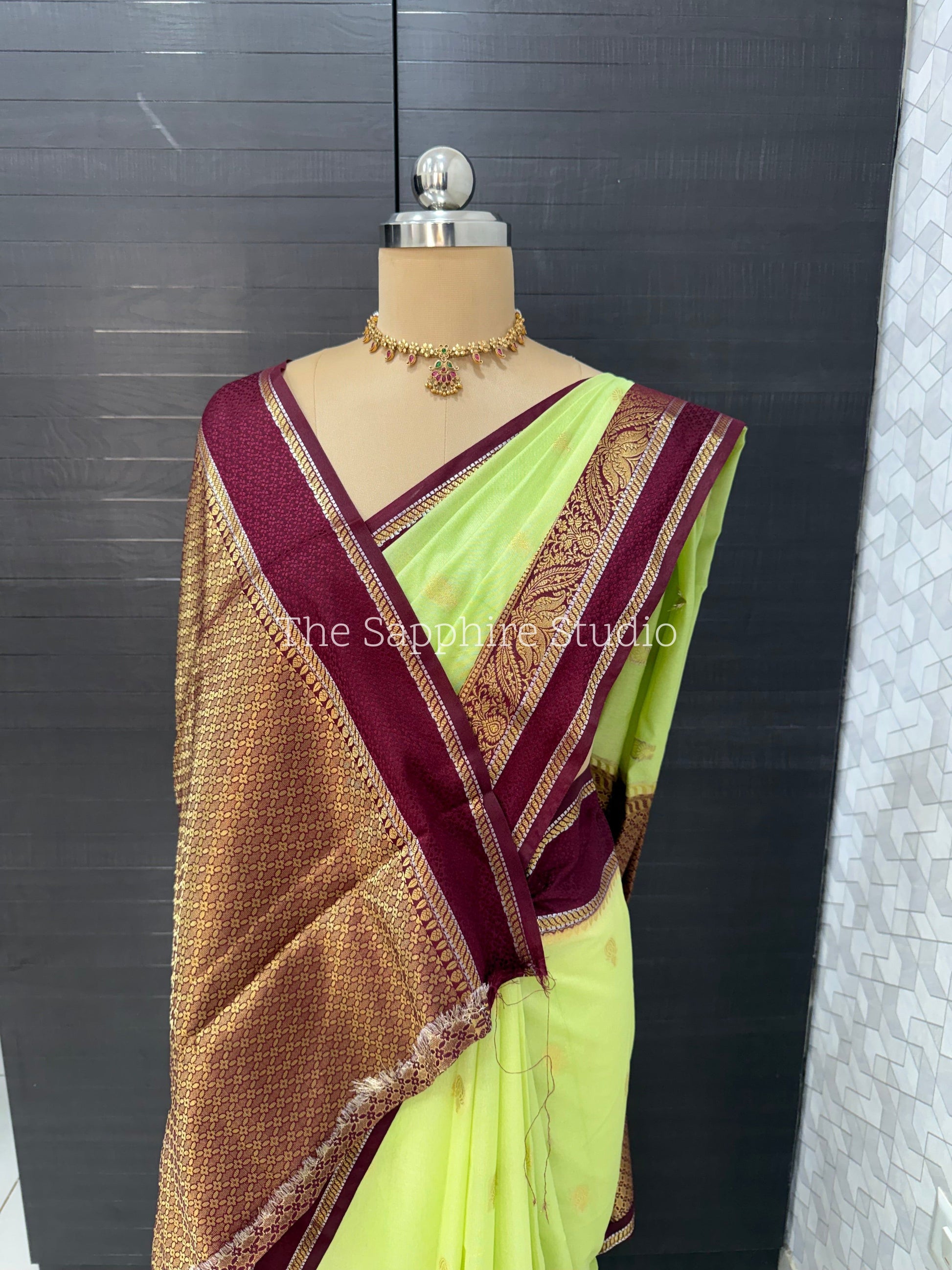 lime green Banarasi georgette saree with maroon contrast border and blouse, elegant festive saree for weddings, pujas and evening functions
