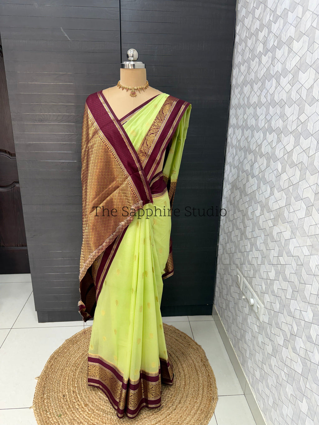 lime green Banarasi georgette saree with maroon border, festive saree for women wedding and party wear, elegant traditional saree India