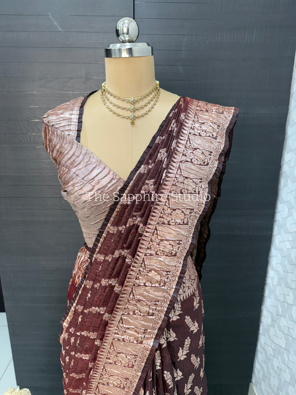 maroon Banarasi silk saree with golden floral zari work, crushed silk lightweight saree for wedding and festive wear, elegant traditional saree for women