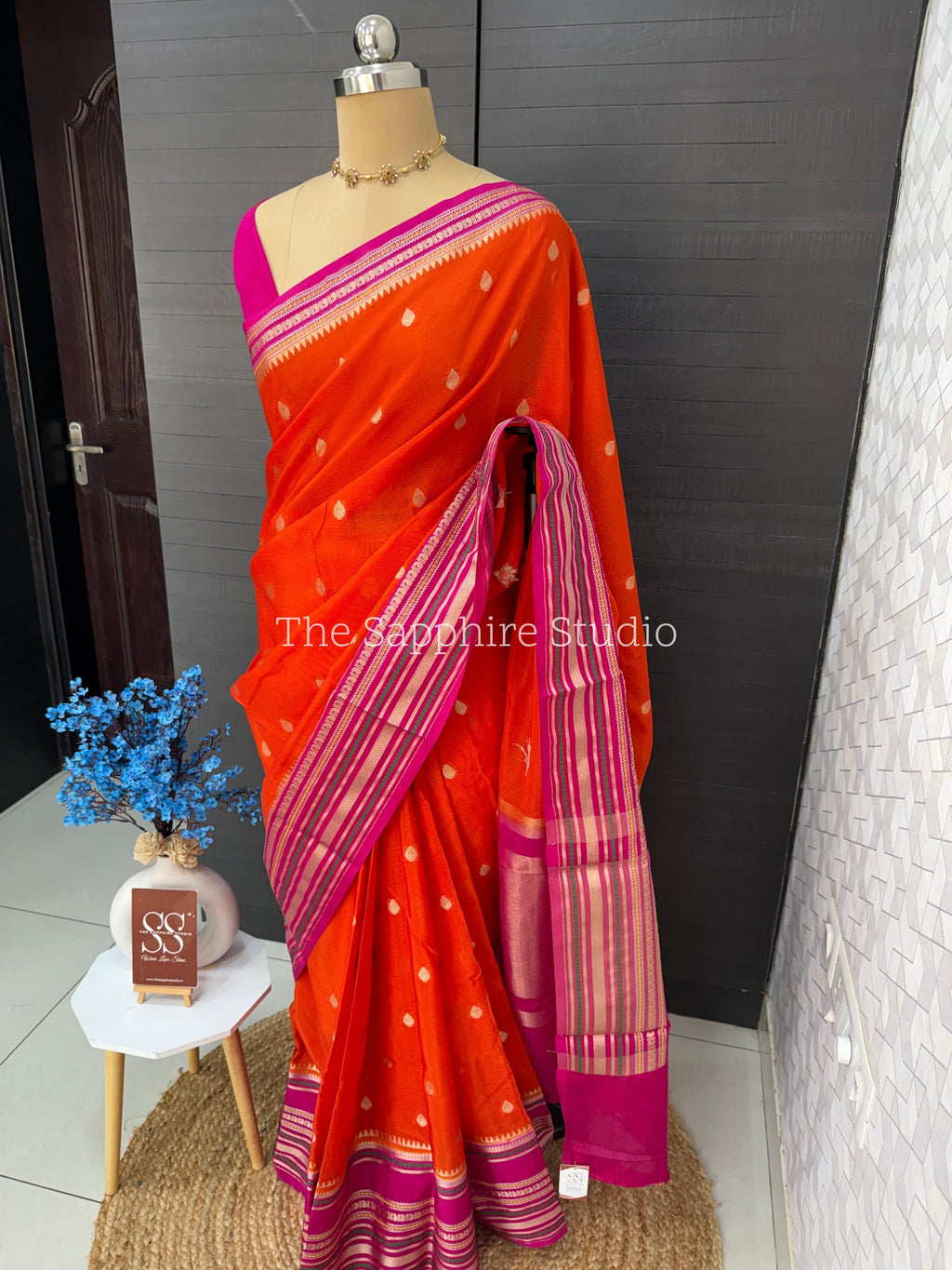 orange Banarasi Chiniya silk saree with pink zari border and butta work, lightweight festive saree for weddings, pujas and cultural celebrations