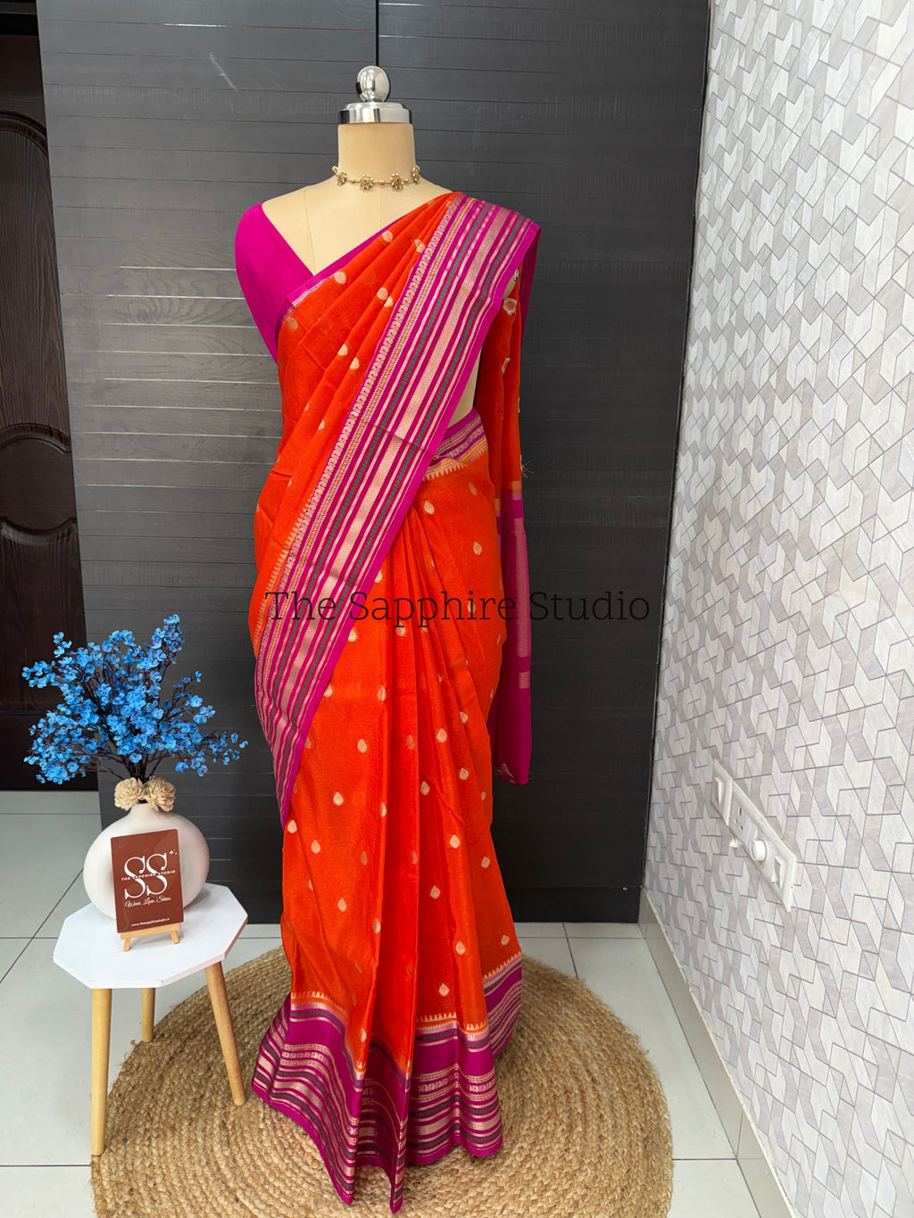 orange Banarasi silk saree with pink zari border, lightweight Chiniya silk saree for festive and wedding wear, traditional saree for women celebration and puja