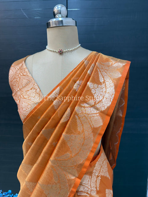 orange Banarasi tissue silk saree with zari pallu, lightweight festive saree for women, traditional saree for haldi, puja and wedding wear