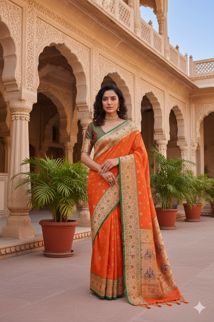 orange Paithani saree with green border, traditional Maharashtrian Paithani silk saree with peacock Meena pallu, wedding and festive saree India