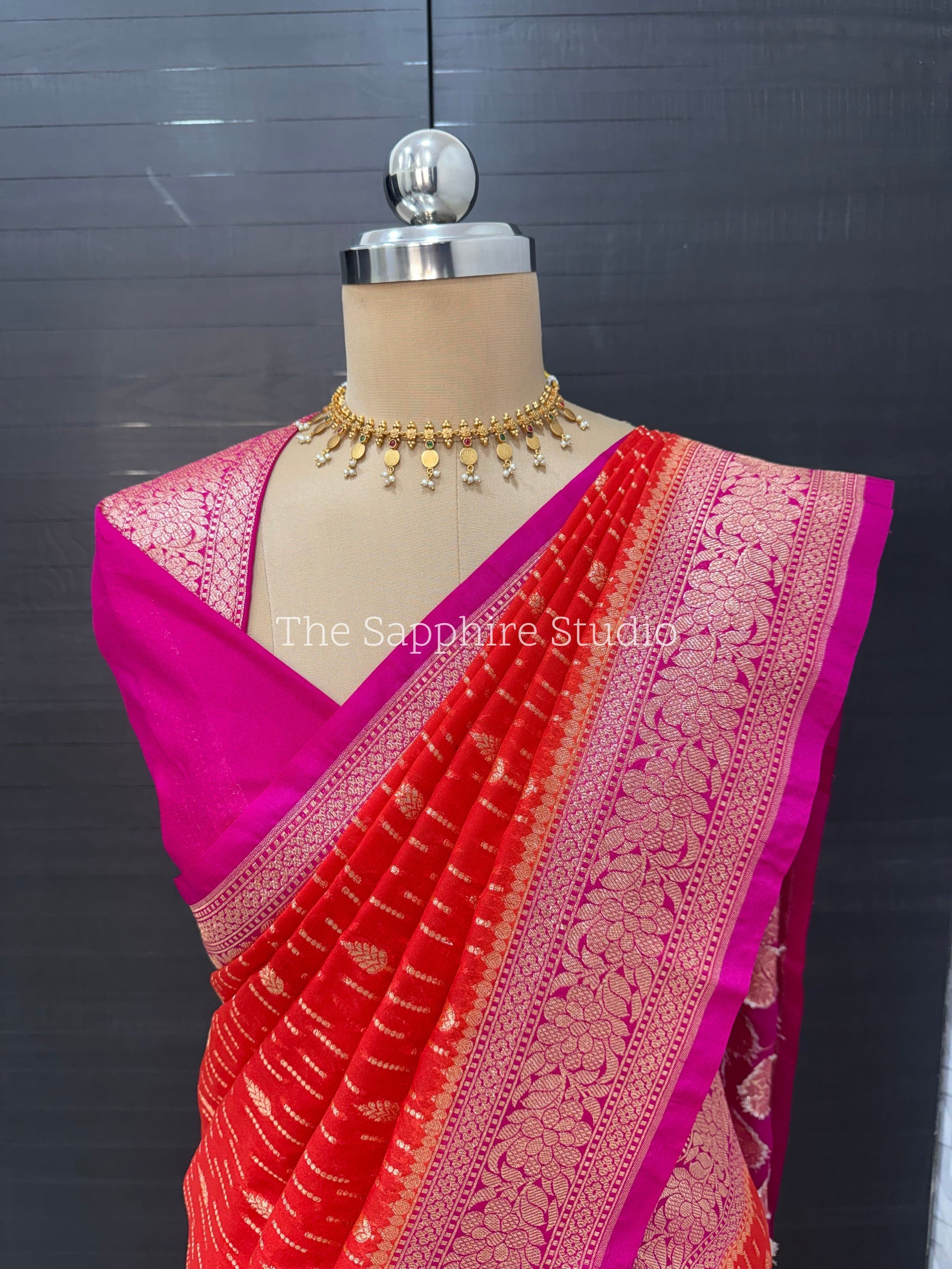 orange and pink semi Banarasi georgette saree with zari weaving, festive saree for women wedding and pooja wear, traditional party wear saree India