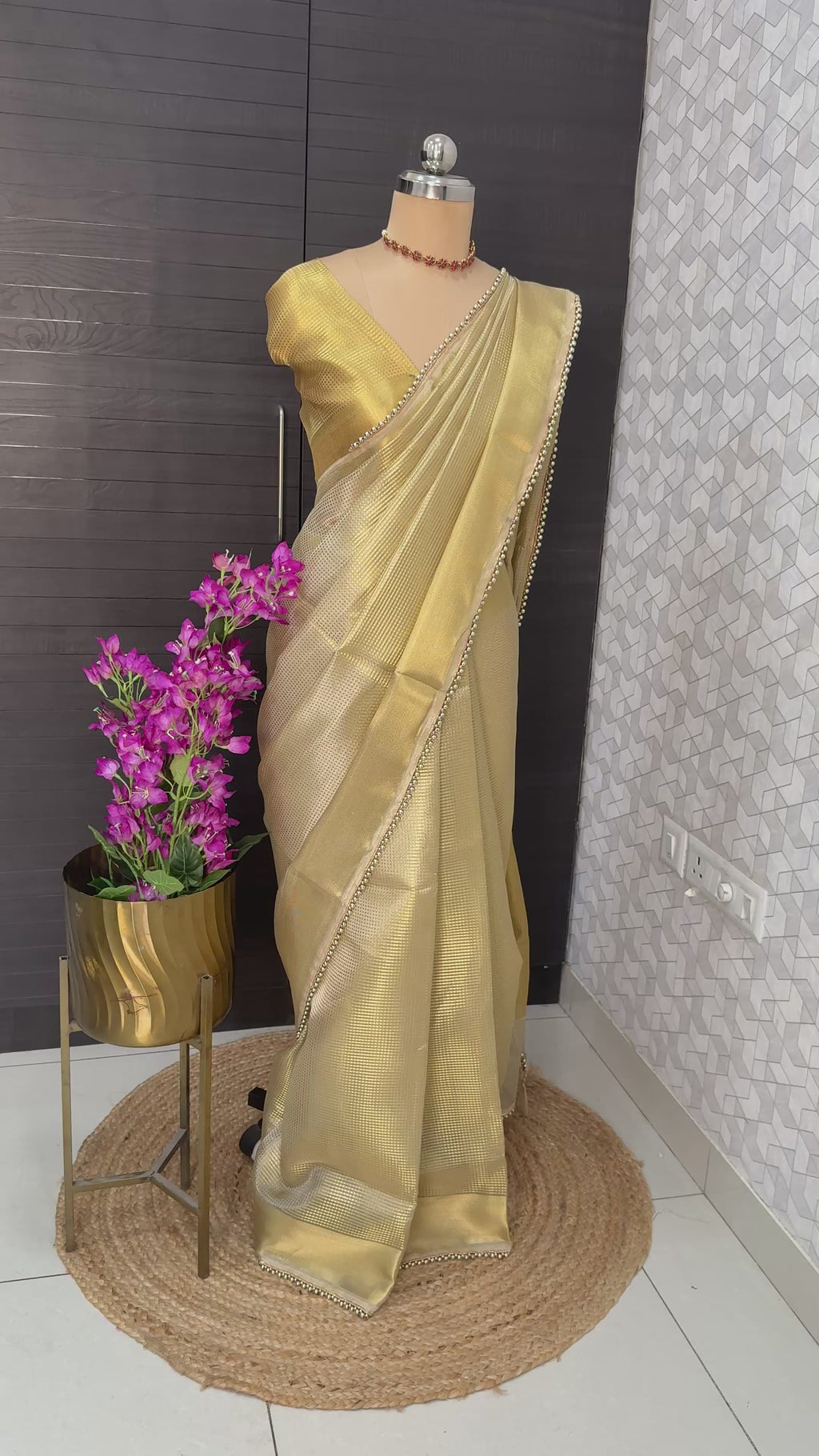 Tissue golden shade saree with lace border