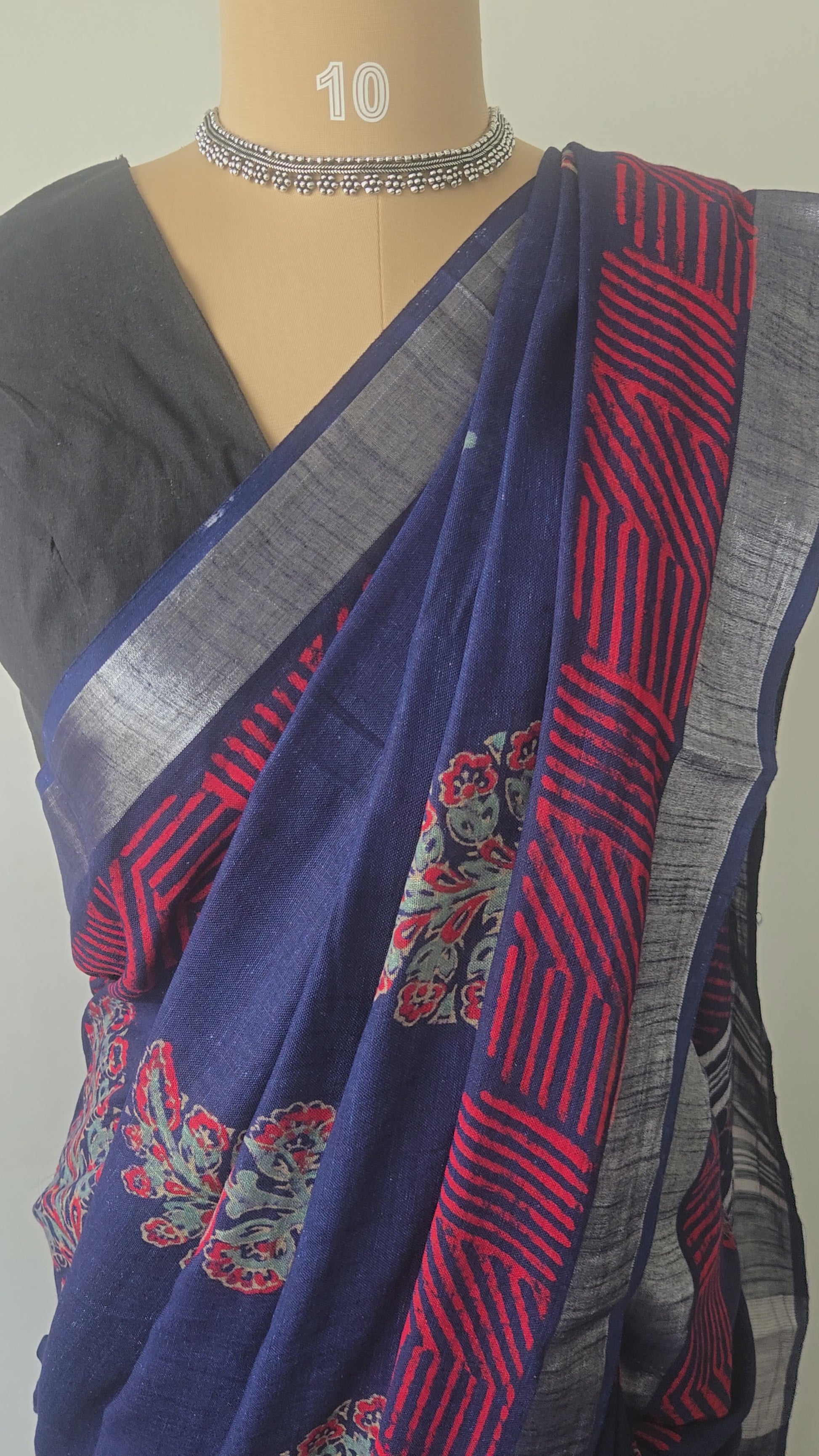 Navy Blue Linen Bagru Saree with Silver Border and Readymade blouse