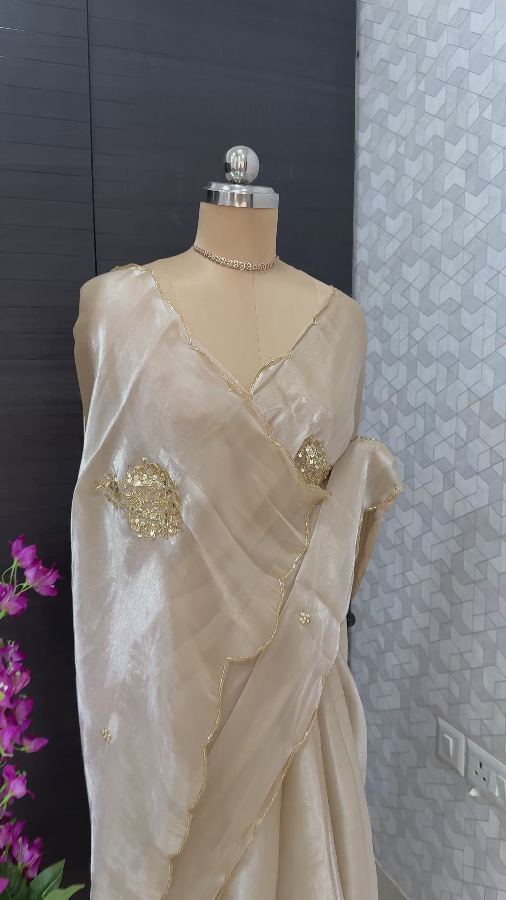 Chikku color satin organza mix saree