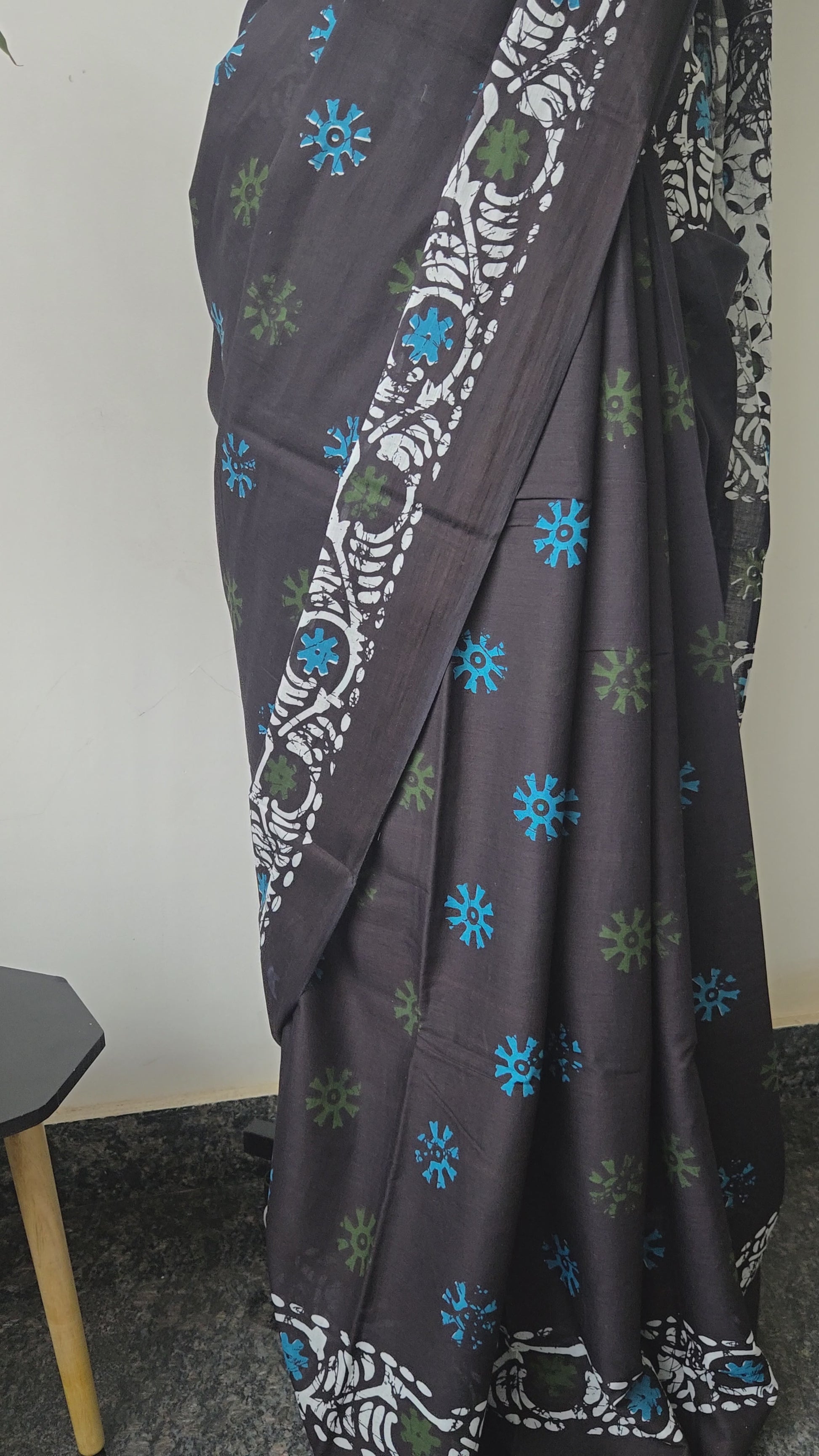 Navy Blue Mul Cotton Saree with Readymade Blouse