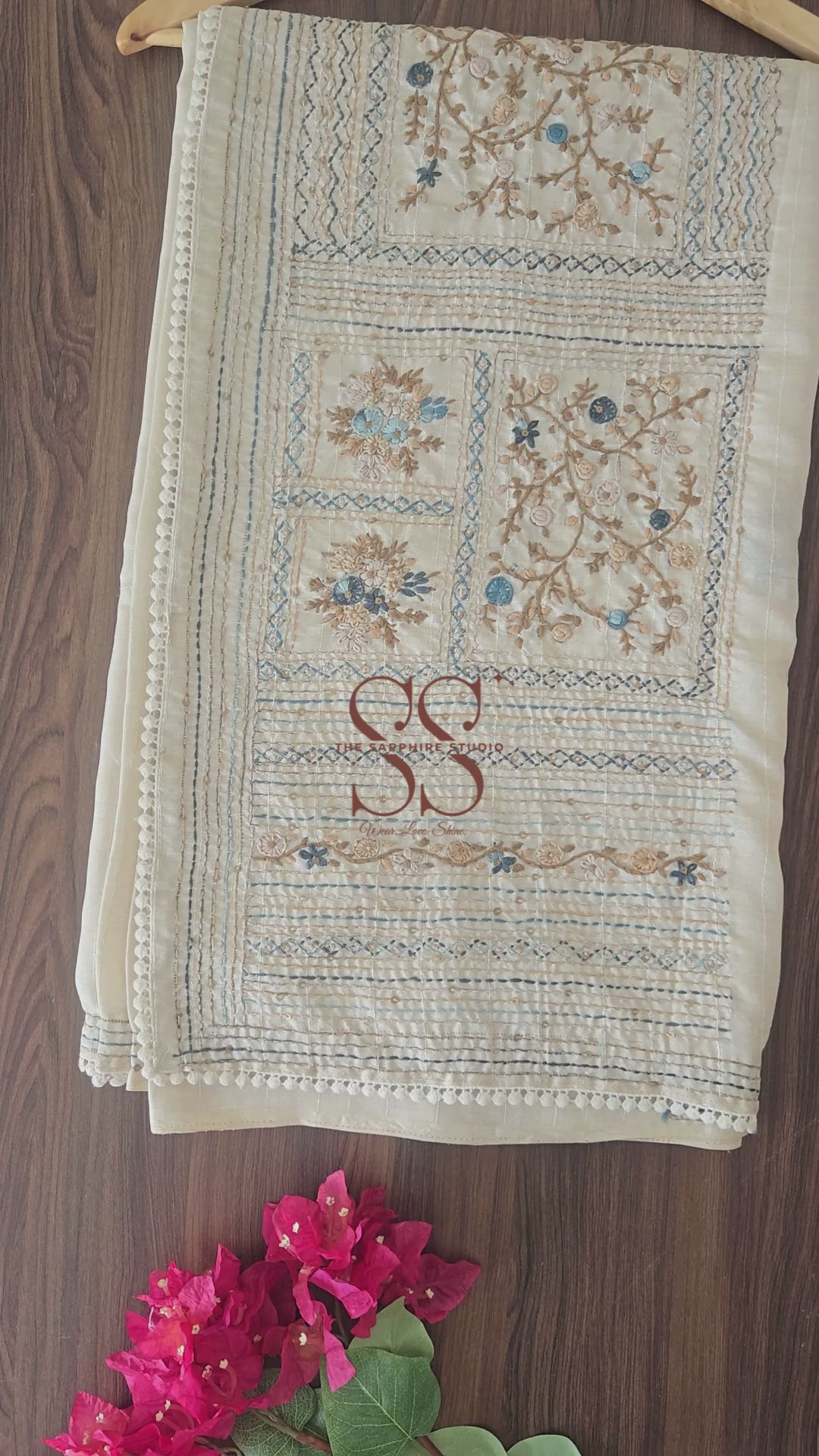 Onam Tussar Saree – Hand Embroidery & Elegant Lace Border with the paired navy scallop blouse