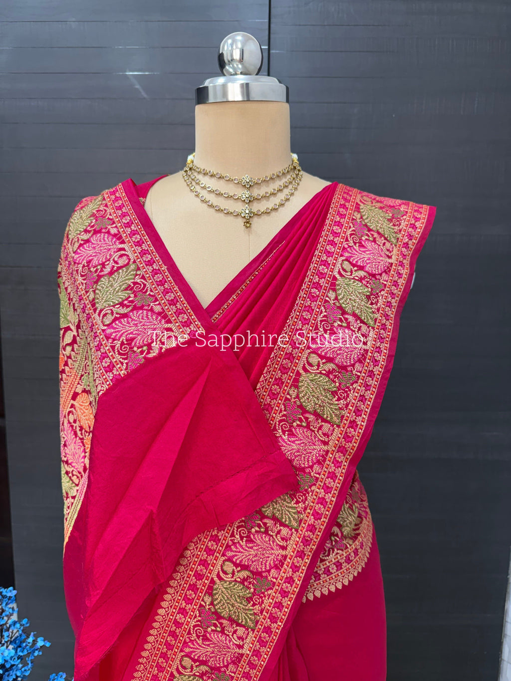 rani pink Banarasi georgette saree with zari border, lightweight festive saree for women, wedding and party wear saree India