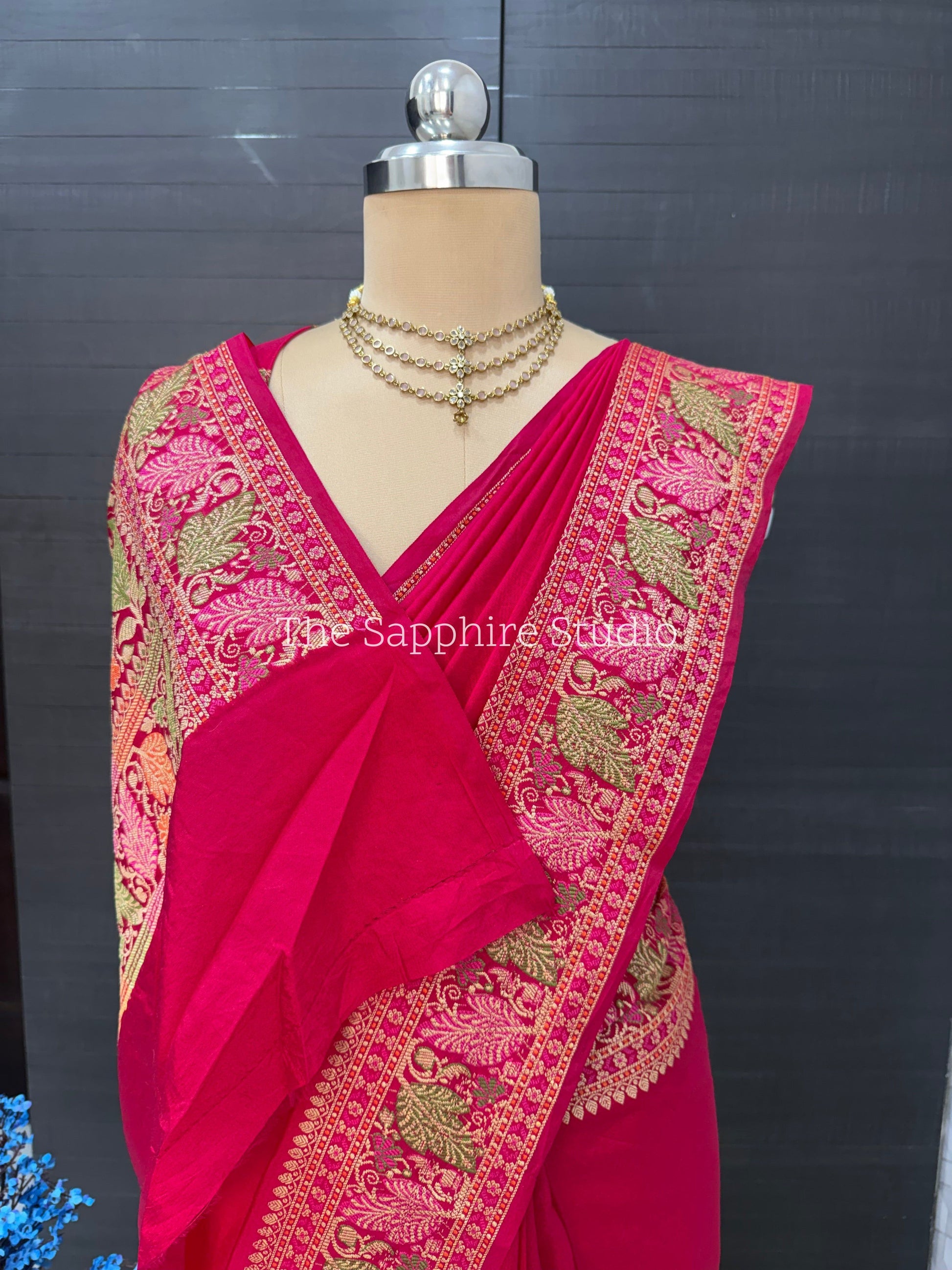 rani pink Banarasi georgette saree with zari border, lightweight festive saree for women, wedding and party wear saree India