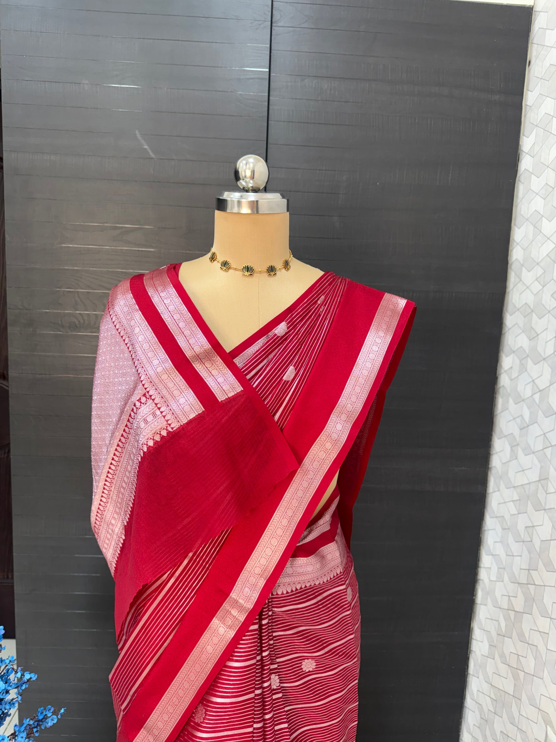 red Banarasi Chiniya silk saree with zari buti work, lightweight festive saree for women, traditional wedding saree India