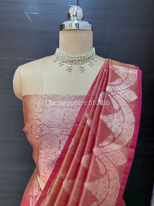 rose pink tissue Banarasi silk saree with golden zari border, lightweight saree for haldi and festive occasions, elegant wedding saree India