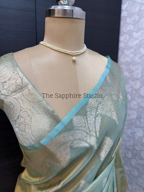 sea green Banarasi tissue silk saree with zari pallu, lightweight festive saree for women, traditional saree for haldi, puja and wedding wear
