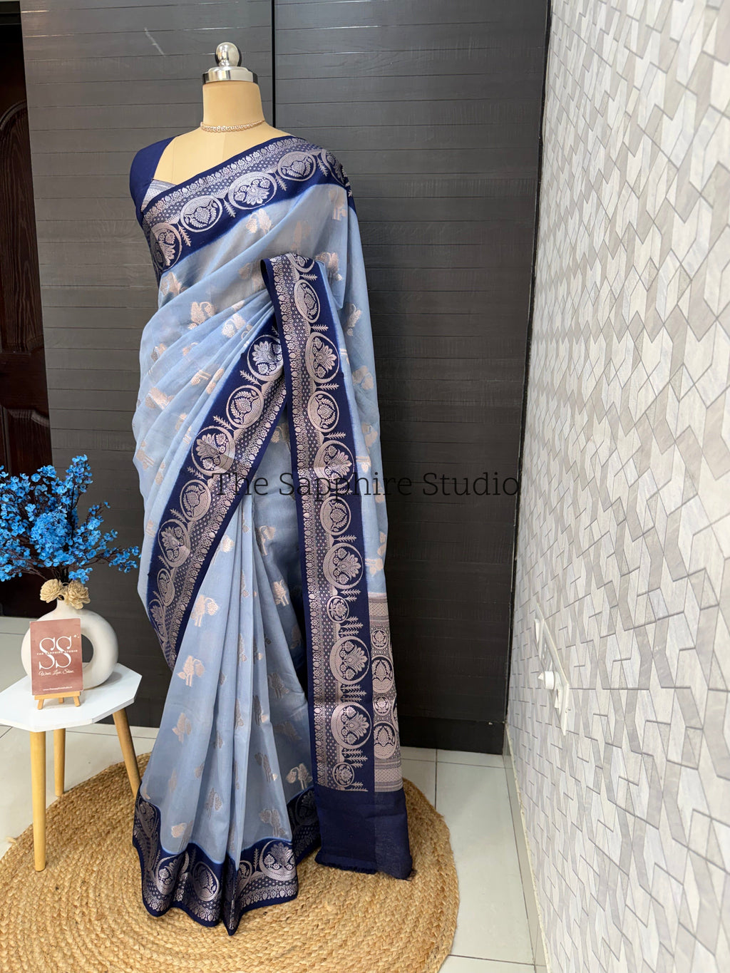 sky blue Banarasi saree with navy blue border and silver zari work, soft georgette saree for festive occasions and evening functions