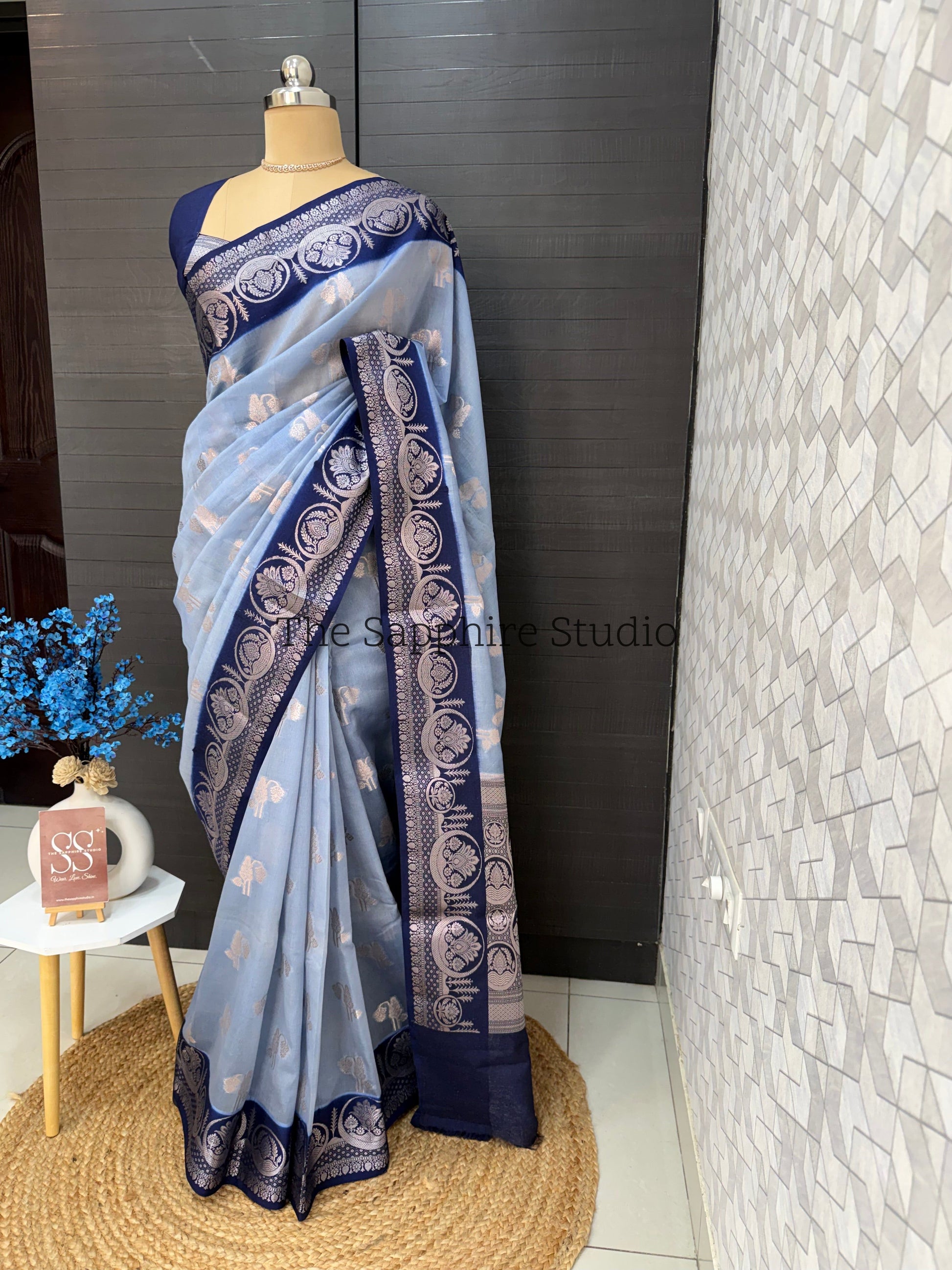 sky blue Banarasi saree with navy blue border and silver zari work, soft georgette saree for festive occasions and evening functions