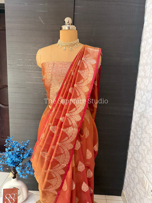 soft pink Banarasi tissue silk saree with zari pallu, lightweight festive saree for women, traditional saree for haldi, puja and wedding wear